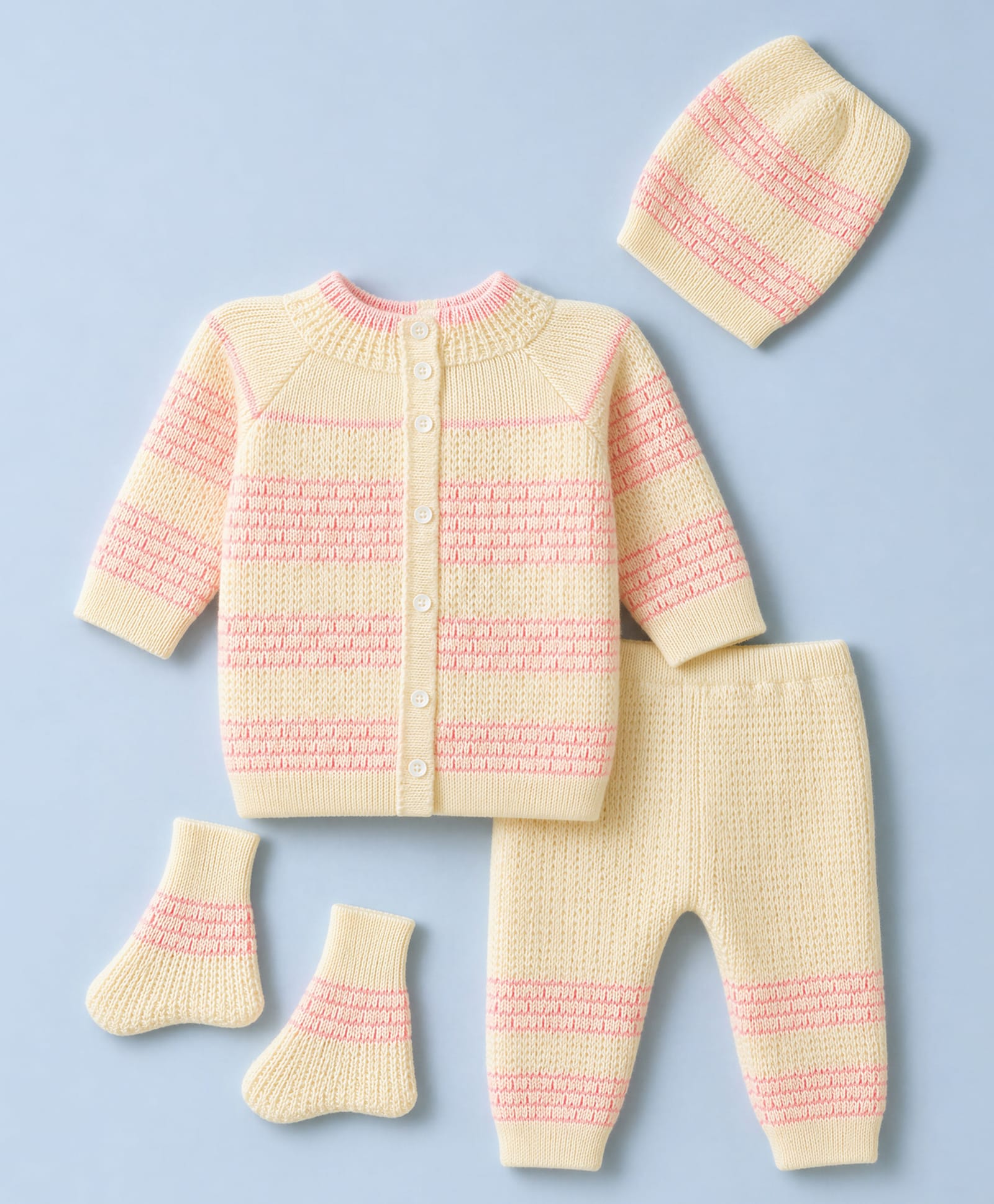 Babyhug Knit Raglan Full Sleeves Striped Four Piece Sweater Set With Cap & Booties - OffWhite-image-49