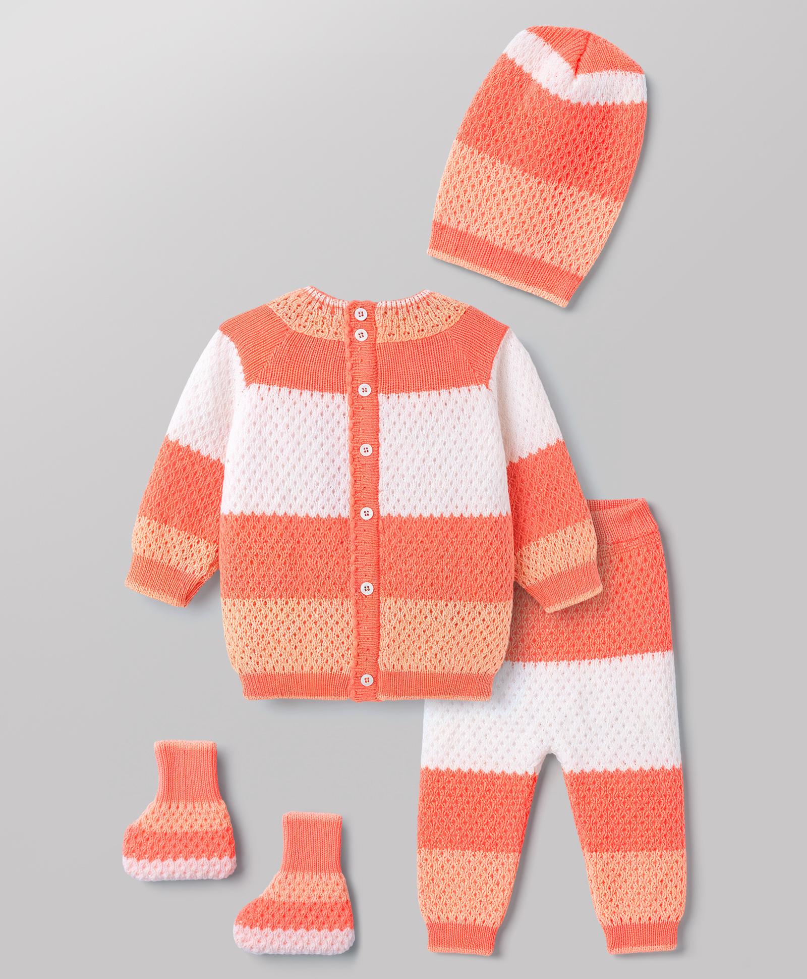 Babyhug Knit Full Raglan Sleeves Striped Sweater Set with Cap & Booties - Coral-image-18