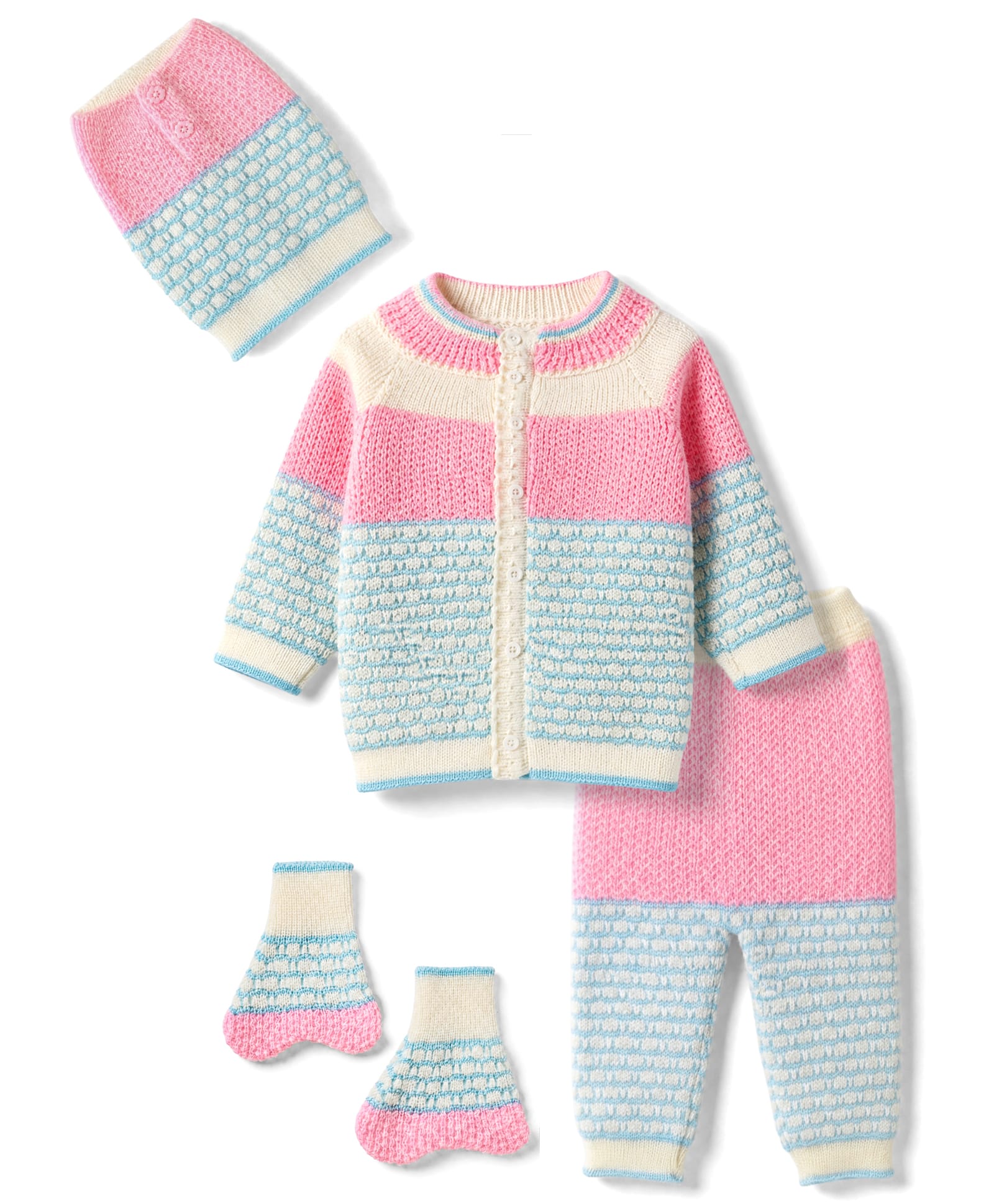 Babyhug Knit Full Sleeves Colour Block Designed Sweater Set with Cap & Booties - Pink-image-41
