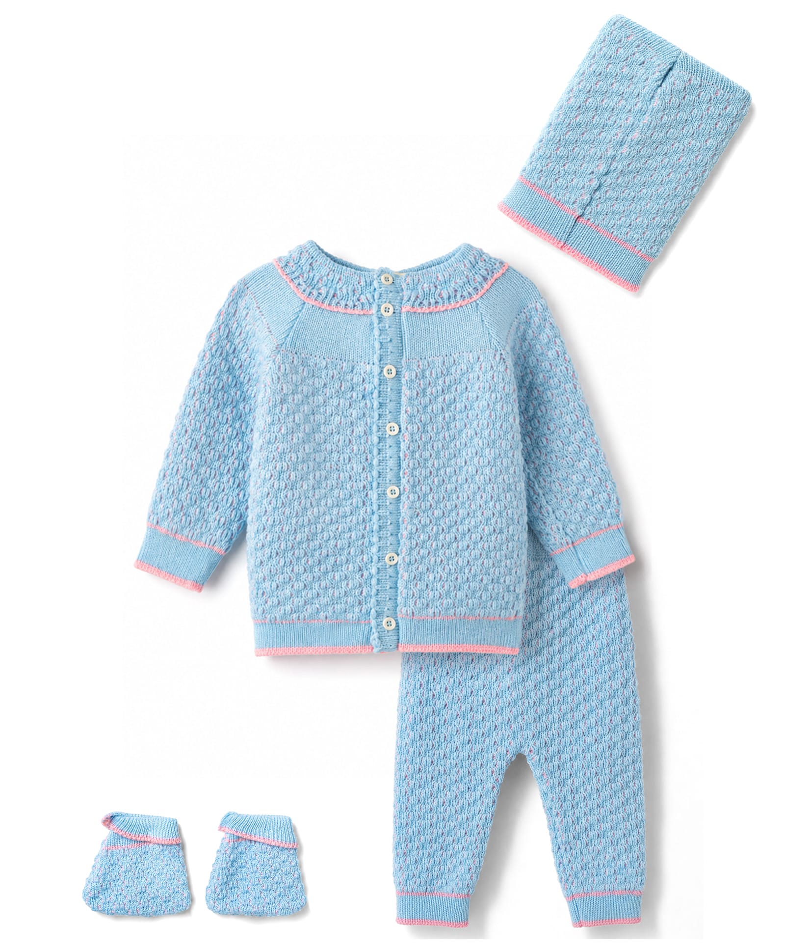 Babyhug Knit Full Raglan Sleeves Front Open Striped Sweater Set With Cap & Booties - Light Blue-image-34