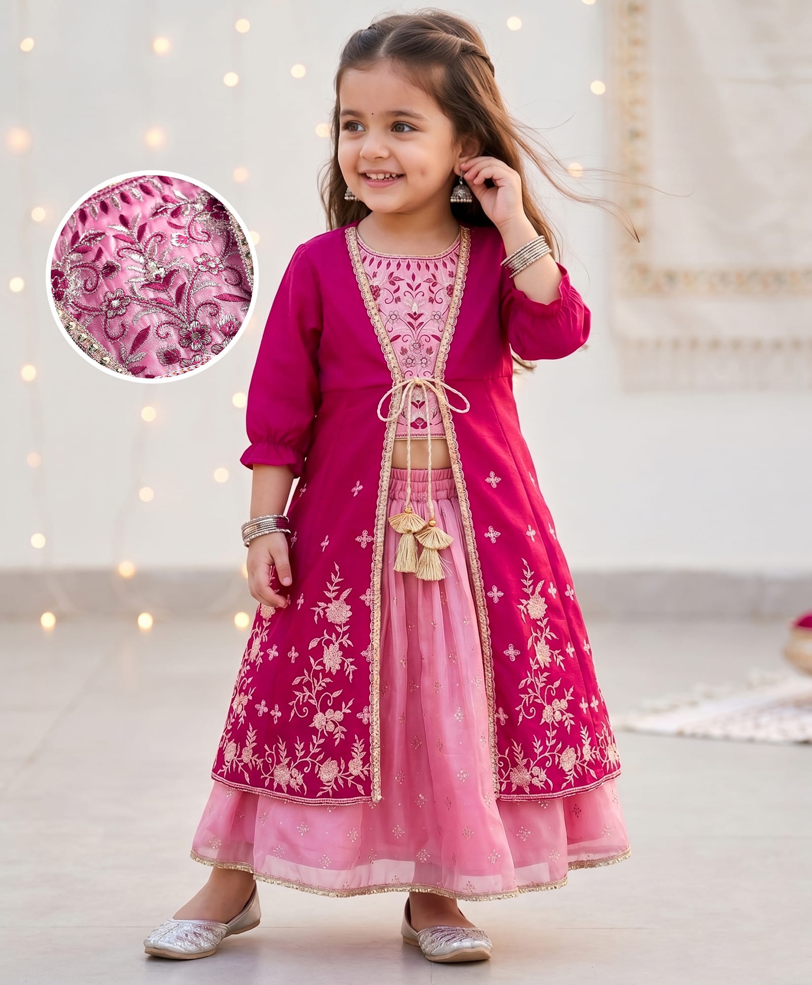 Babyhug Net Woven Choli Legenga Set with Floral Embroidery & Three Fourth Sleeves Jacket - Pink-image-9