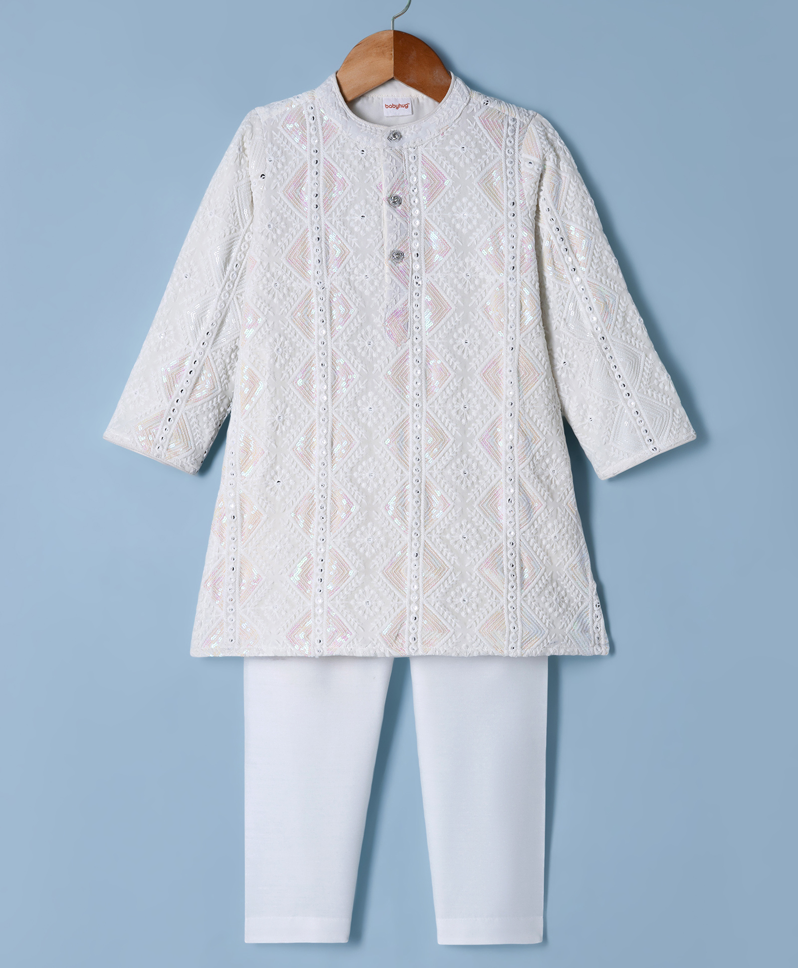 Babyhug Georgette Woven Full Sleeves Embroidered Kurta Pyjama Set With Sequin Detailing - White-picture-10