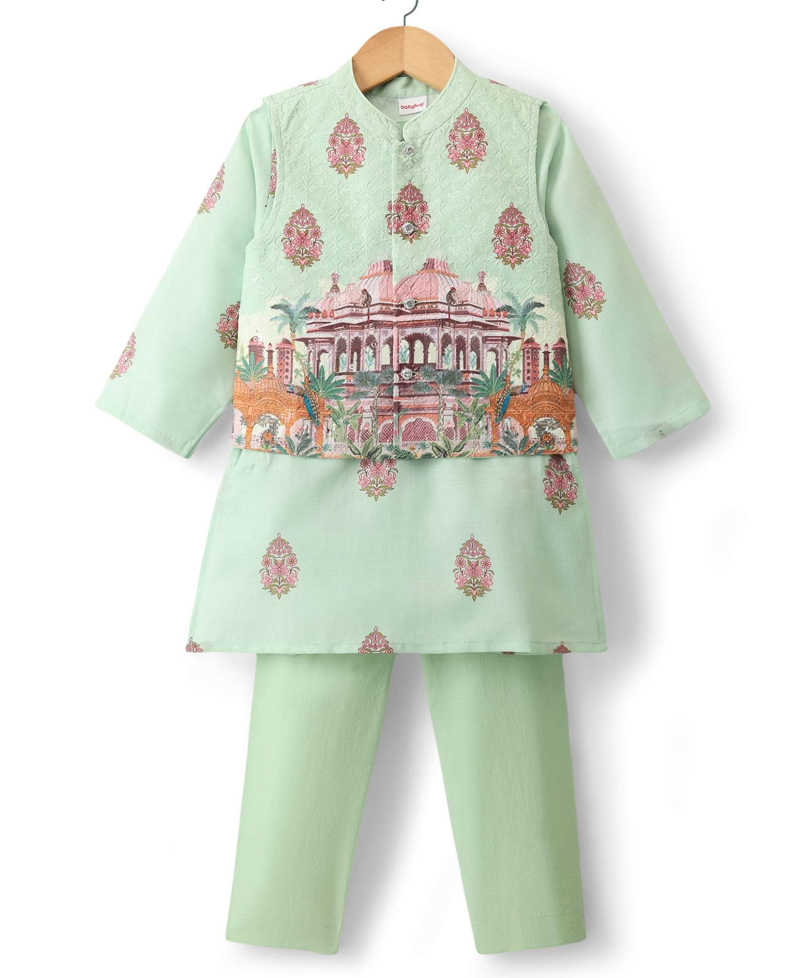 Babyhug Woven Full Sleeves Kurta Pyjama Set with Embroidered & Printed Nehru Jacket - Green-picture-19