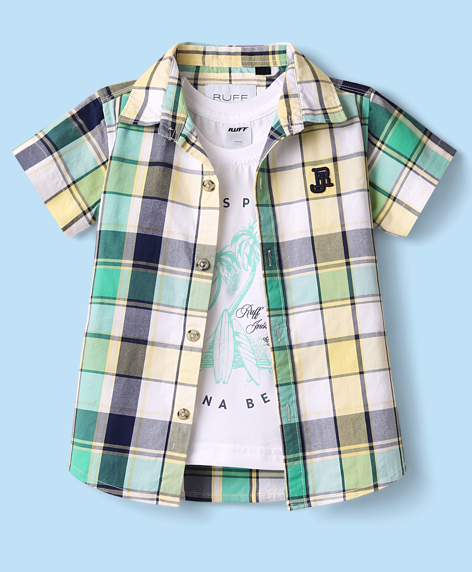 Ruff Cotton Woven Half Sleeves Checks Shirt with Beach Theme Printed Tee - Green-picture-7
