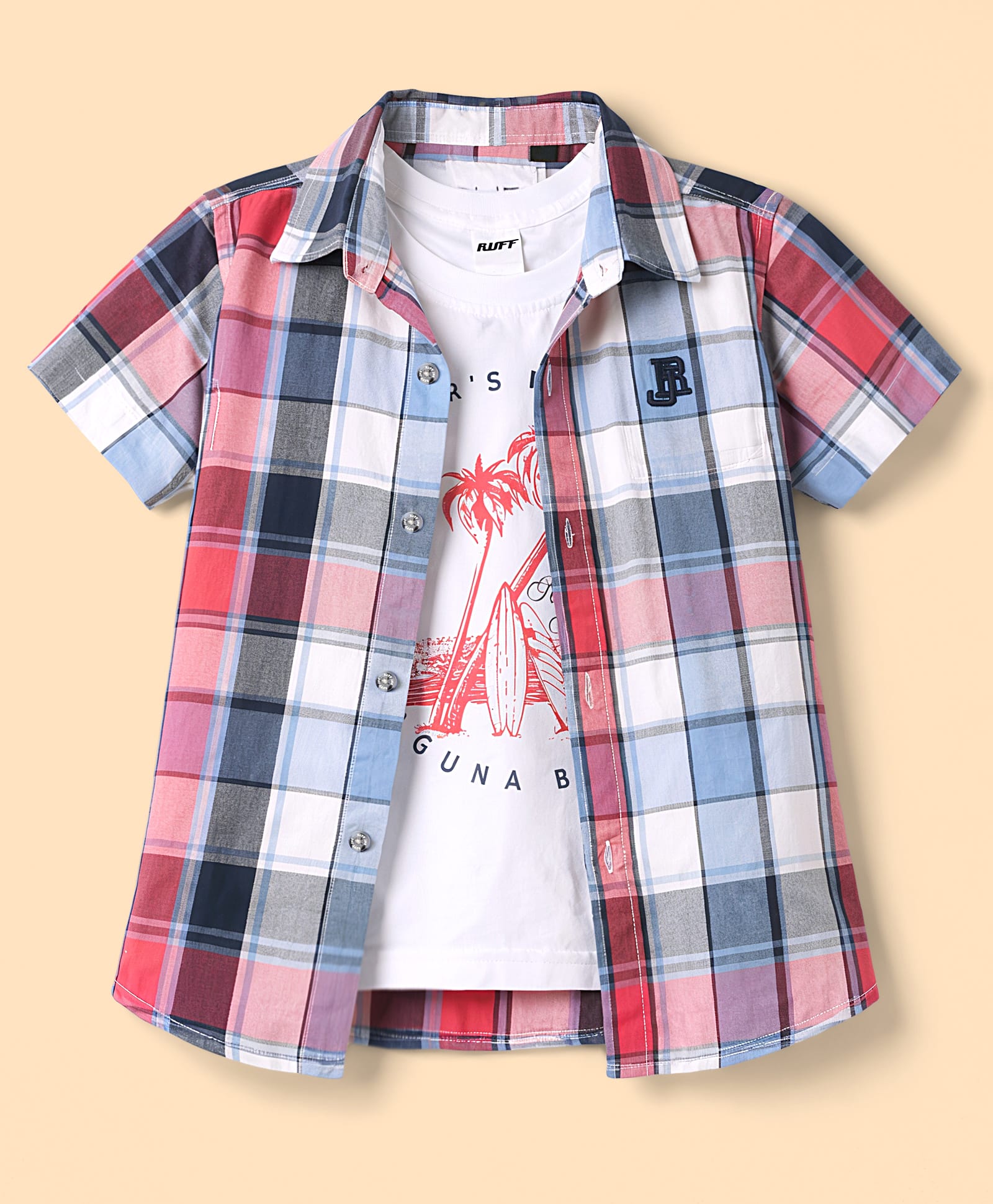 Ruff Cotton Woven Half Sleeves Checks Shirt with Beach Theme Printed Tee - Light Blue-picture-16