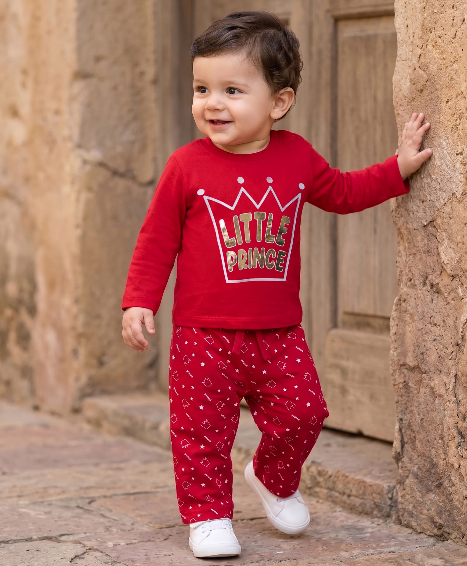 Doodle Poodle 100% Knit Full Sleeves Text Foil Printed T-Shirt & Pyjama Night Suit - Red-picture-30