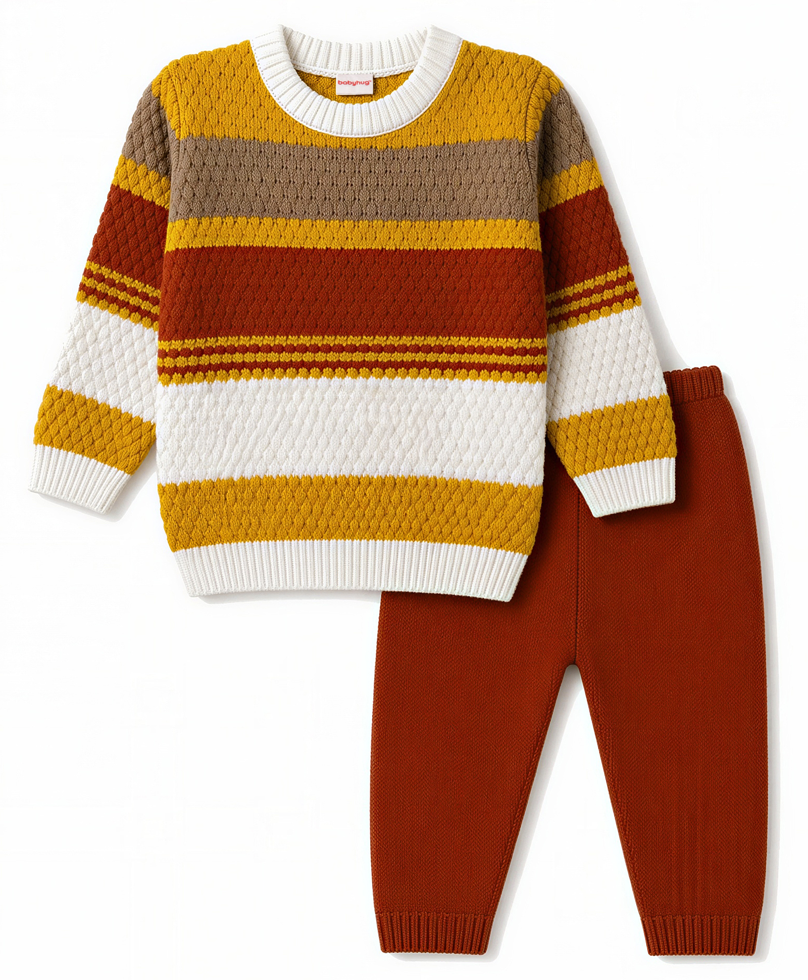 Babyhug Knit Full Sleeves Colour Block Striped Sweater Set- Mustard-image-43
