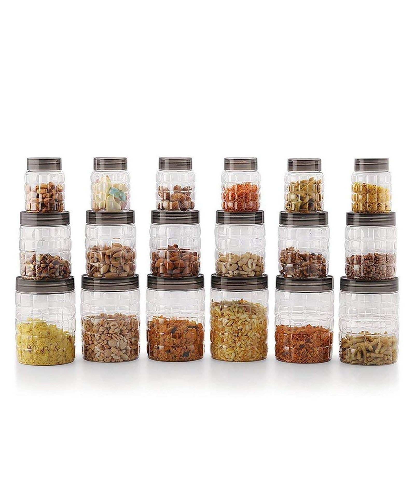 CELLO Checkers Kitchen Storage Container Box Set of 18 Pcs Brown (6x300ml, 6x650ml, 6x1200ml) | Transparent Unbreakable Fridge Safe Stackable Airtight Storage Canister Set For Spices Dry Fruits Grains-image-48