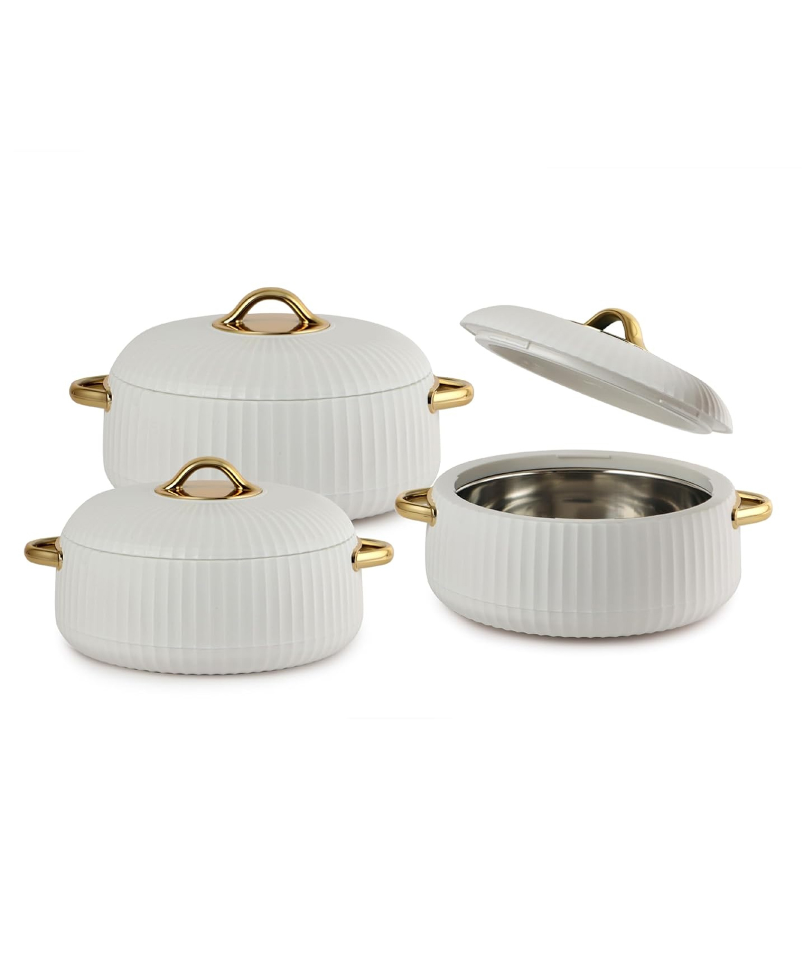 Cello Aurum Luxury Insulated Casseroles Set of 3, White (2x1000ml, 1x1500ml) | Double Walled Thermoware Casserole with Lid | Easy Grip Handle |PU Insulated Serving Bowl Casserole For Roti,Rice,Biryani-image-47