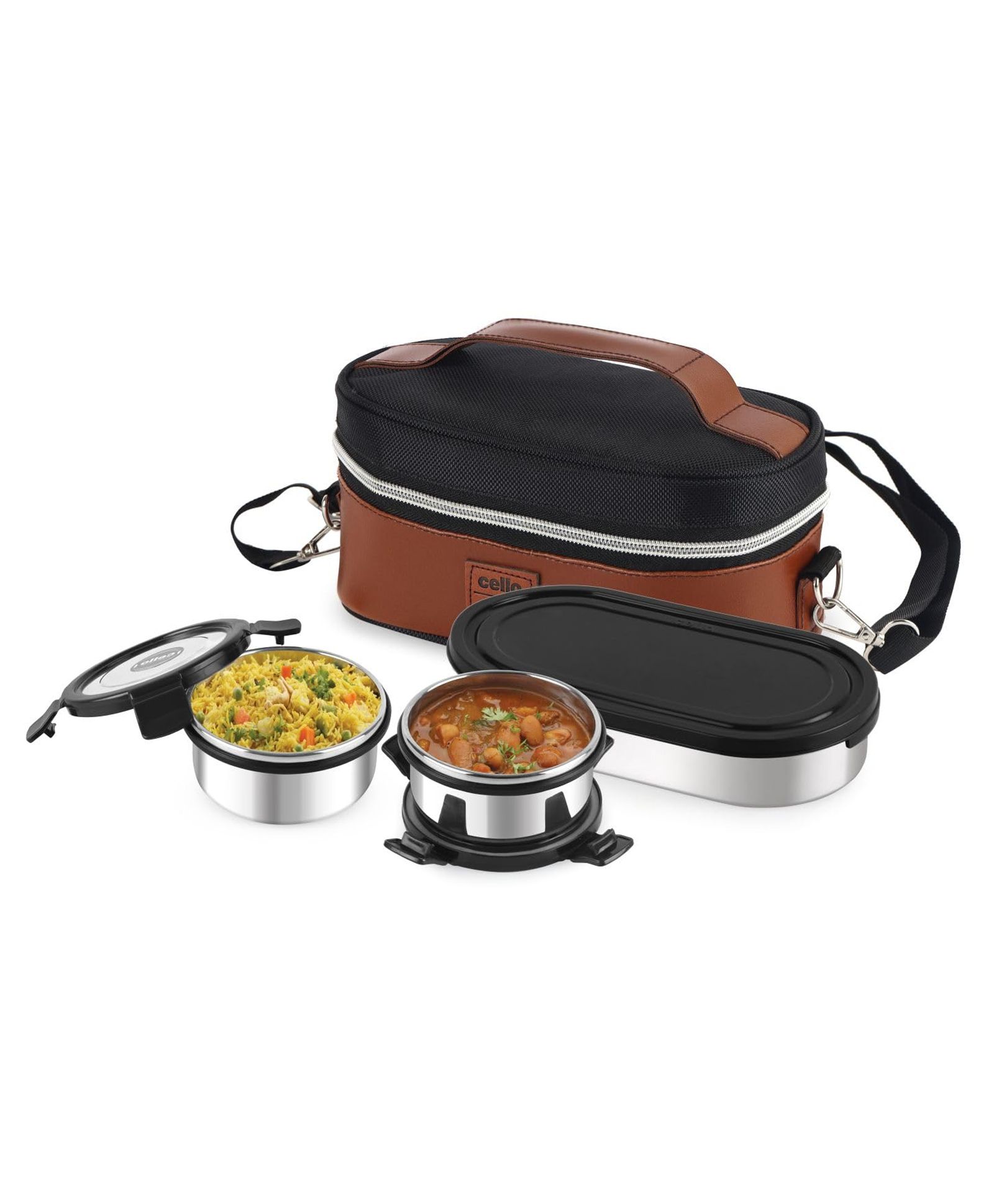 CELLO MF President Stainless Steel Lunch Box with Bag, Black Leatherite | 2 x 300ml Round Steel Container, 1 x 500ml Oval Container | BPA Free, Air Tight Clip Lock, Rust & Leakproof Office Tiffin Box-image-41