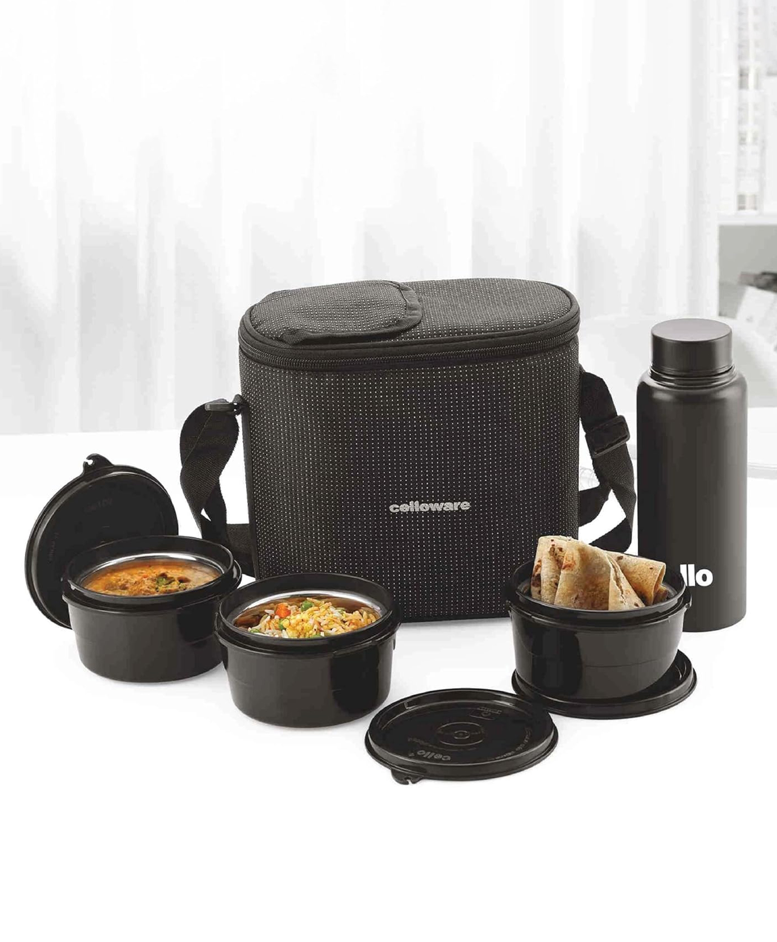 CELLO MF Alfa Stainless Steel Lunch Box Case Set with Bag for Office Use Black | 3 x 375ml Microwave Safe Steel Round Container, 1 x 800ml Steel Water Bottle | Air Tight Rustproof Leakproof Lunch Box-picture-13