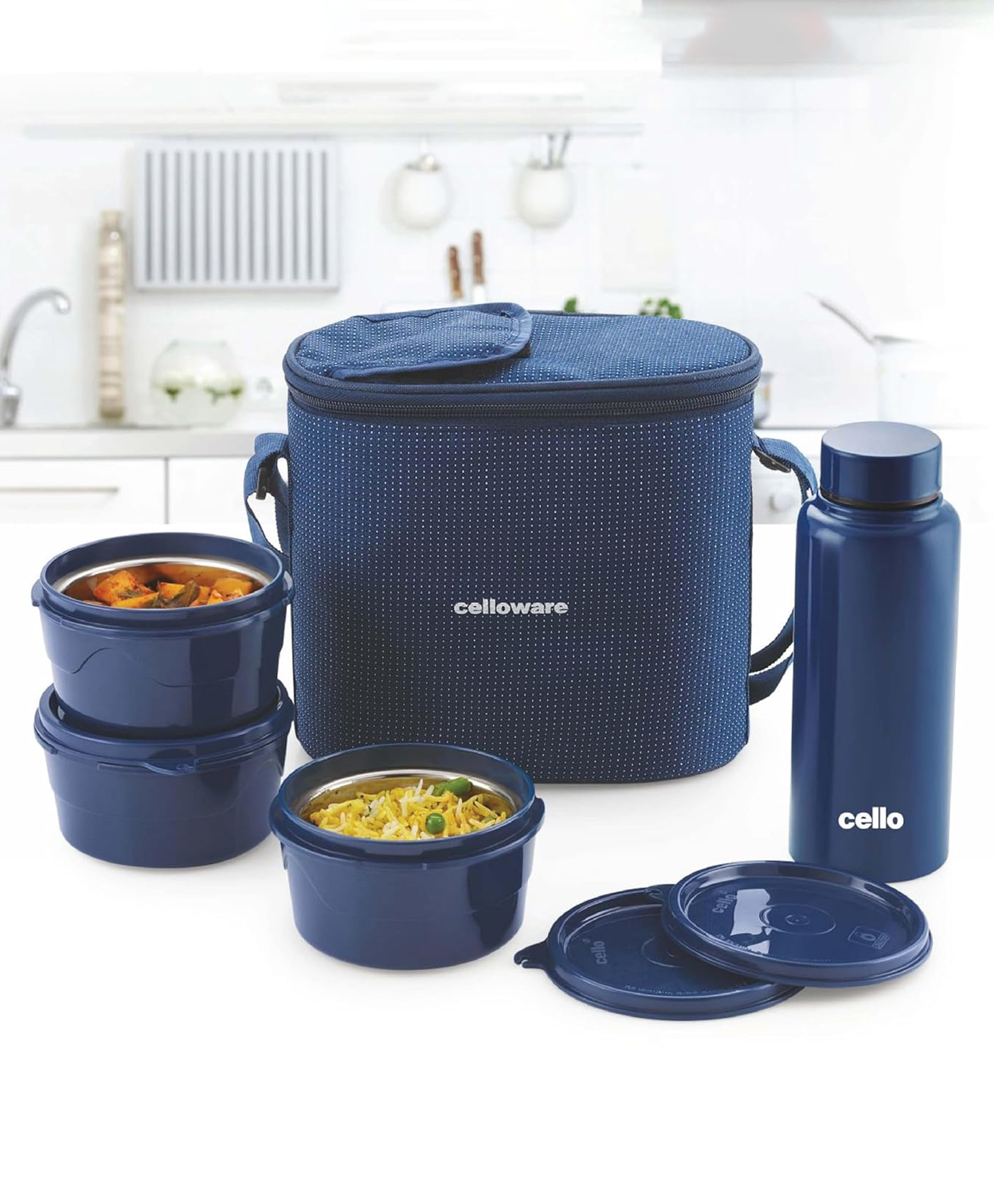 CELLO MF Alfa Stainless Steel Lunch Box Case Set with Bag for Office Use Blue | 3 x 375ml Microwave Safe Steel Round Container, 1 x 800ml Steel Water Bottle | Air Tight Rustproof Leakproof Lunch Box-picture-27