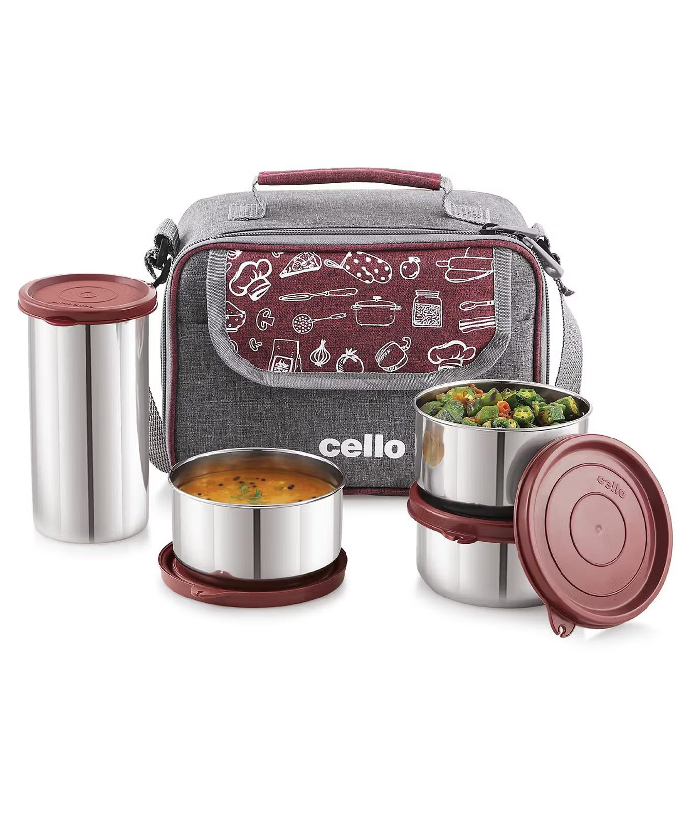 CELLO MF High Meal Combo Lunch Box Set with Bag, Maroon | Set of 3 x 300ml Steel Containers + Steel Tumbler 510ml | Food Grade, Easy to Carry Air Tight Leak Proof Lunch Box Set Office, College, Travel-image-3