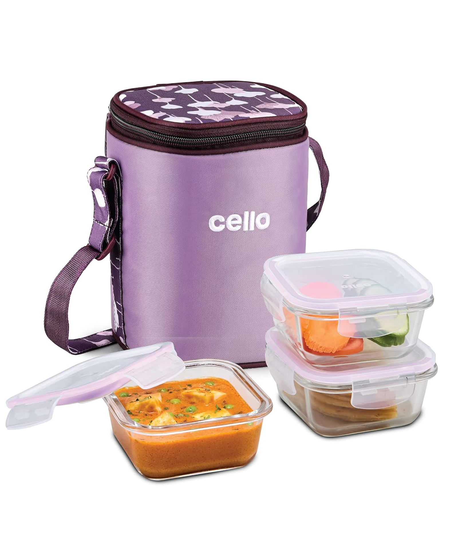 CELLO Trendy Purple Wine Square Glass Lunch Box Set with Insulated Jacket, Clear | 3 x 320 ml Microwave Safe Toughened Glass Containers | Air Tight, Leakpoof, Easy to Carry Tiffin Set for Office-image-27