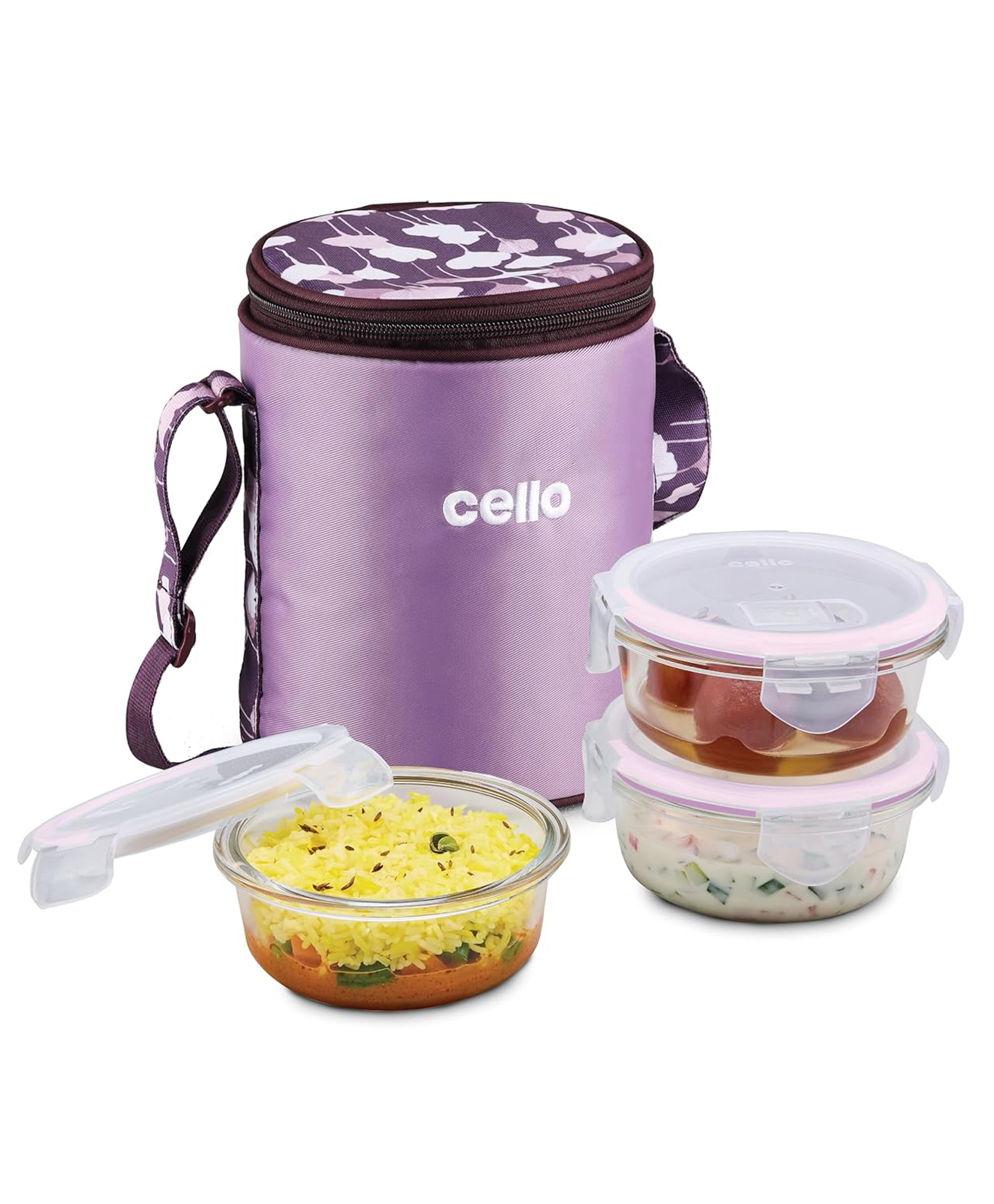 CELLO Trendy Purple Wine Round Glass Lunch Box Set with Insulated Jacket, Clear | 3 x 400 ml Microwave Safe Toughened Glass Containers | Air Tight, Leakpoof, Easy to Carry Tiffin Set for Office-image-28