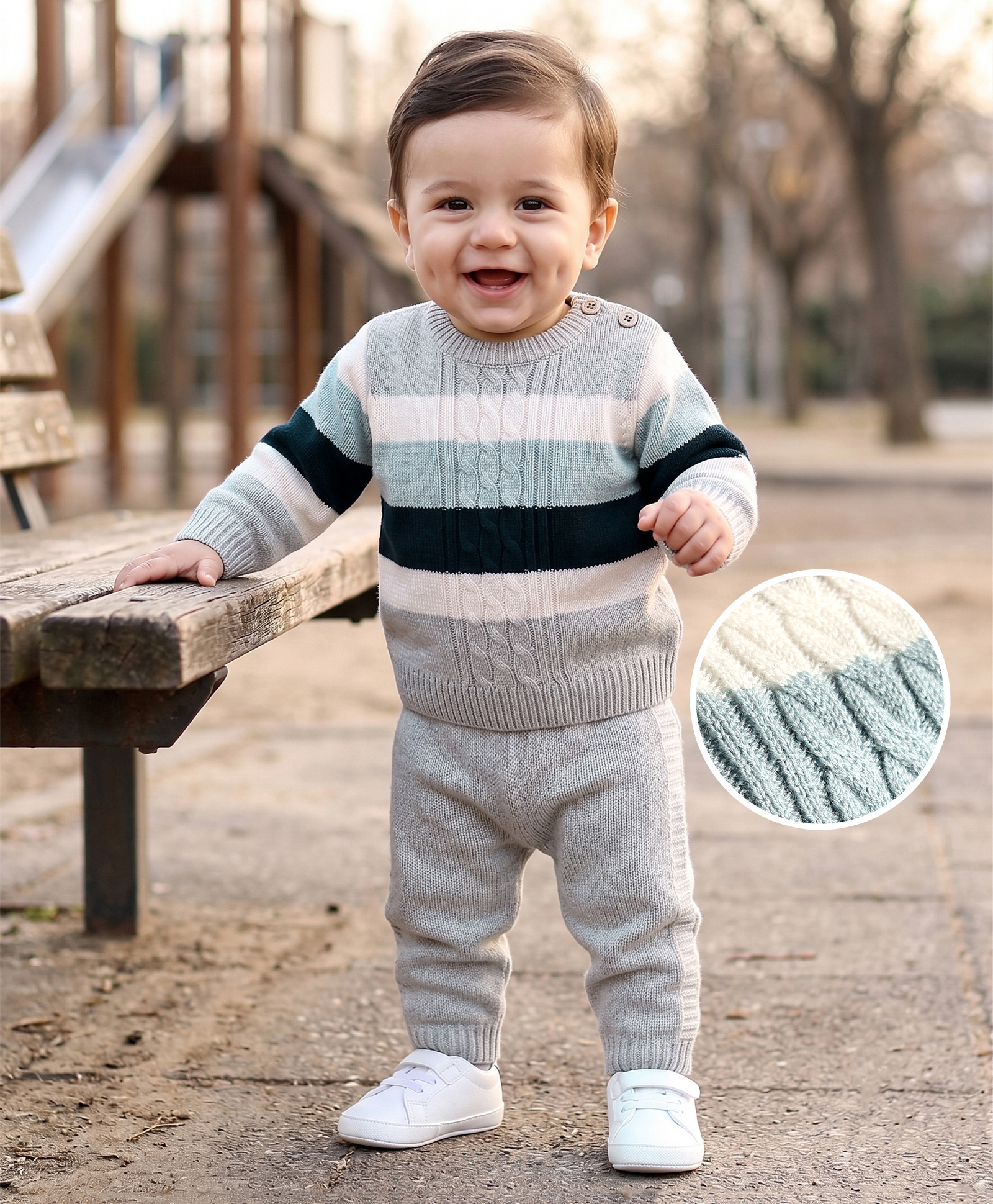 Babyhug Knitted Full Sleeves Striped Sweater Set - Grey-image-21