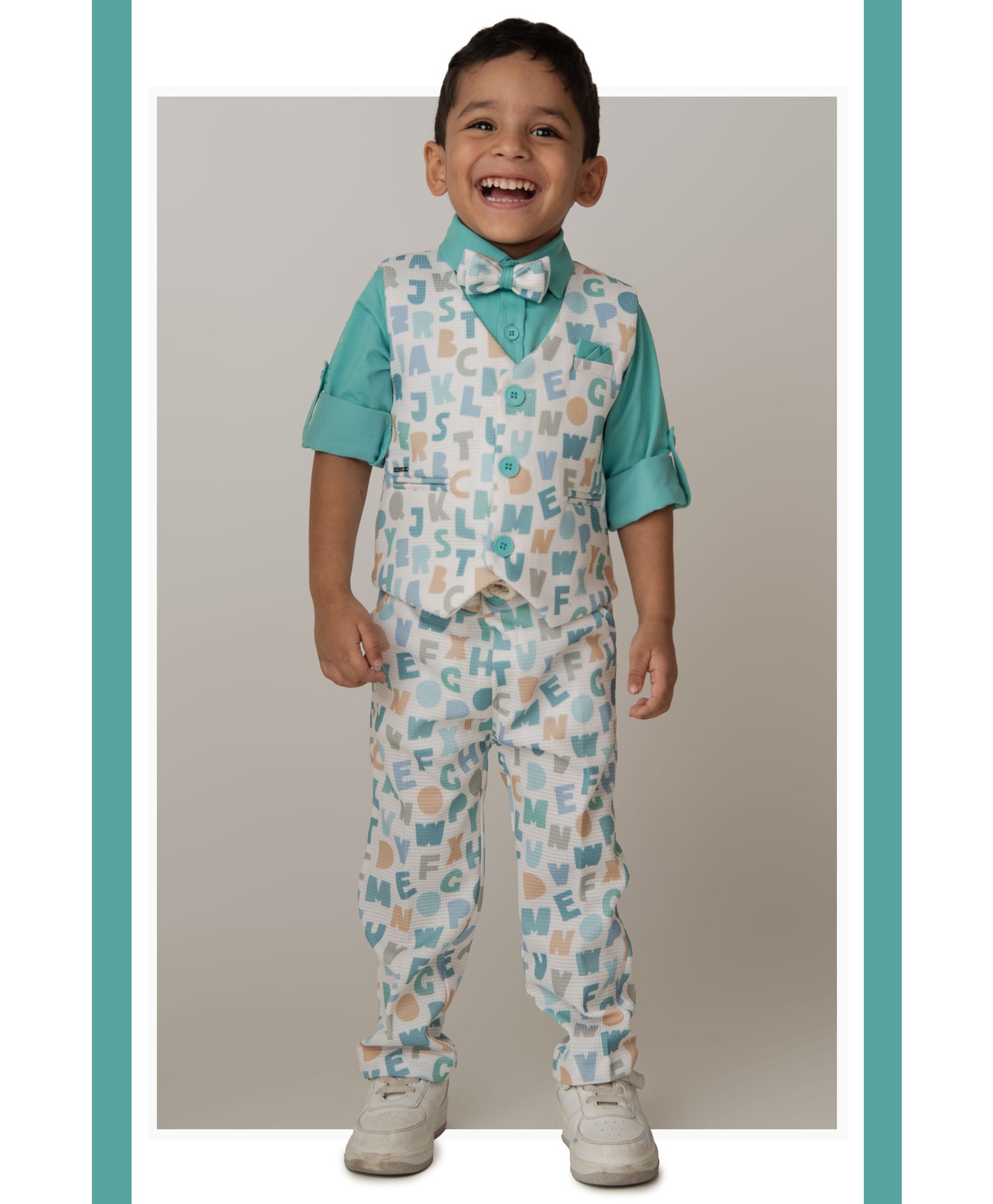 LITTLE COLLARS Blended Knit Full Sleeves Alphabets Printed 3 Piece Party Suit Set With Bow - Green-picture-23