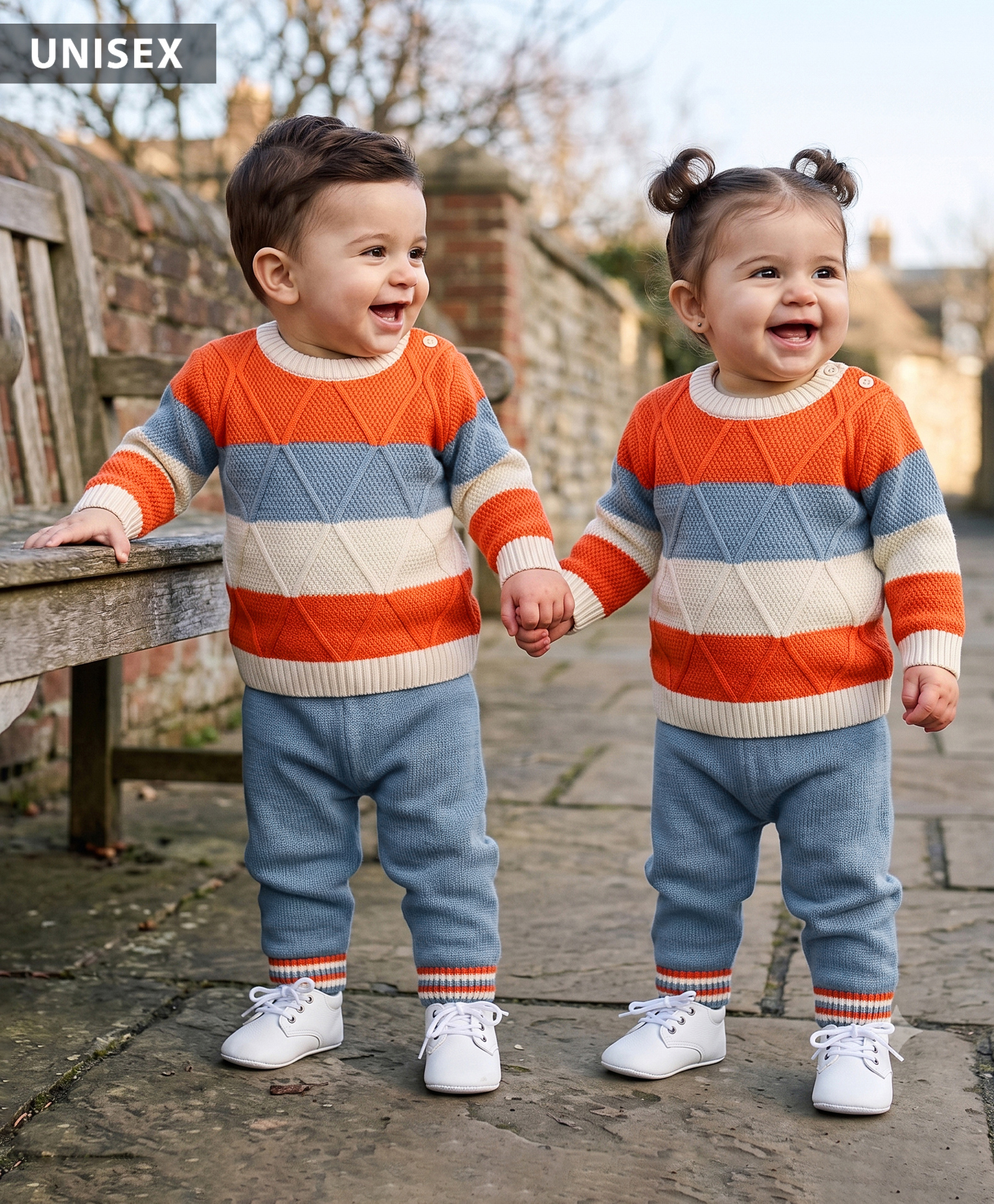 Babyhug Knitted Full Sleeves Striped Sweater Set - Orange-picture-26