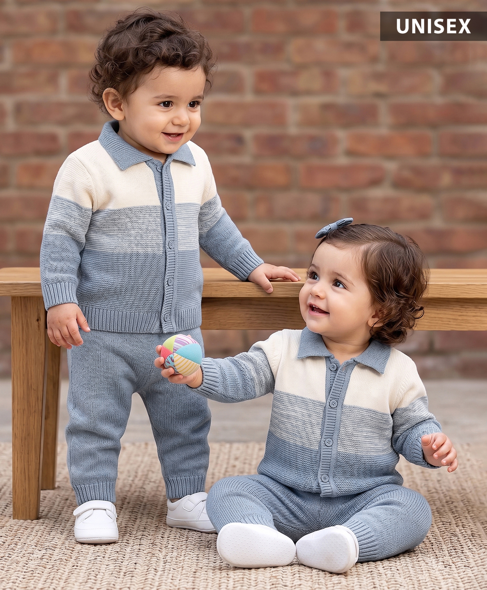 Babyhug Knitted Full Sleeves Striped Sweater Set - Light Blue-picture-11
