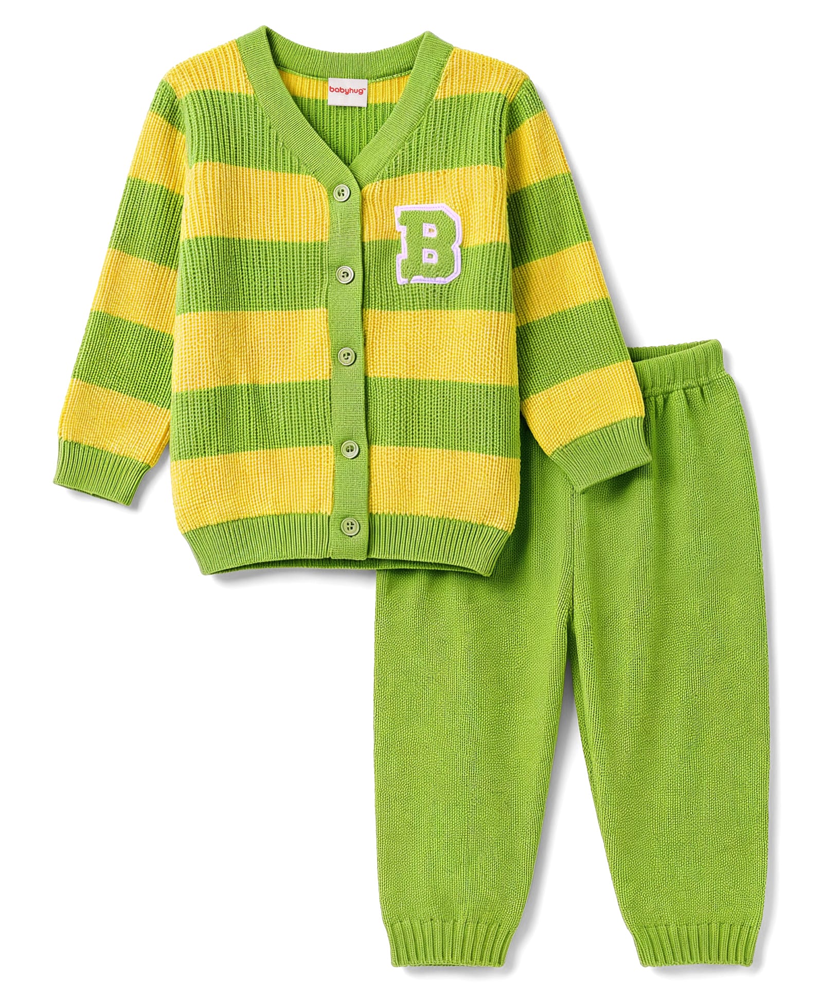 Babyhug Knit Full Sleeves Striped Sweater Set - Green-image-47