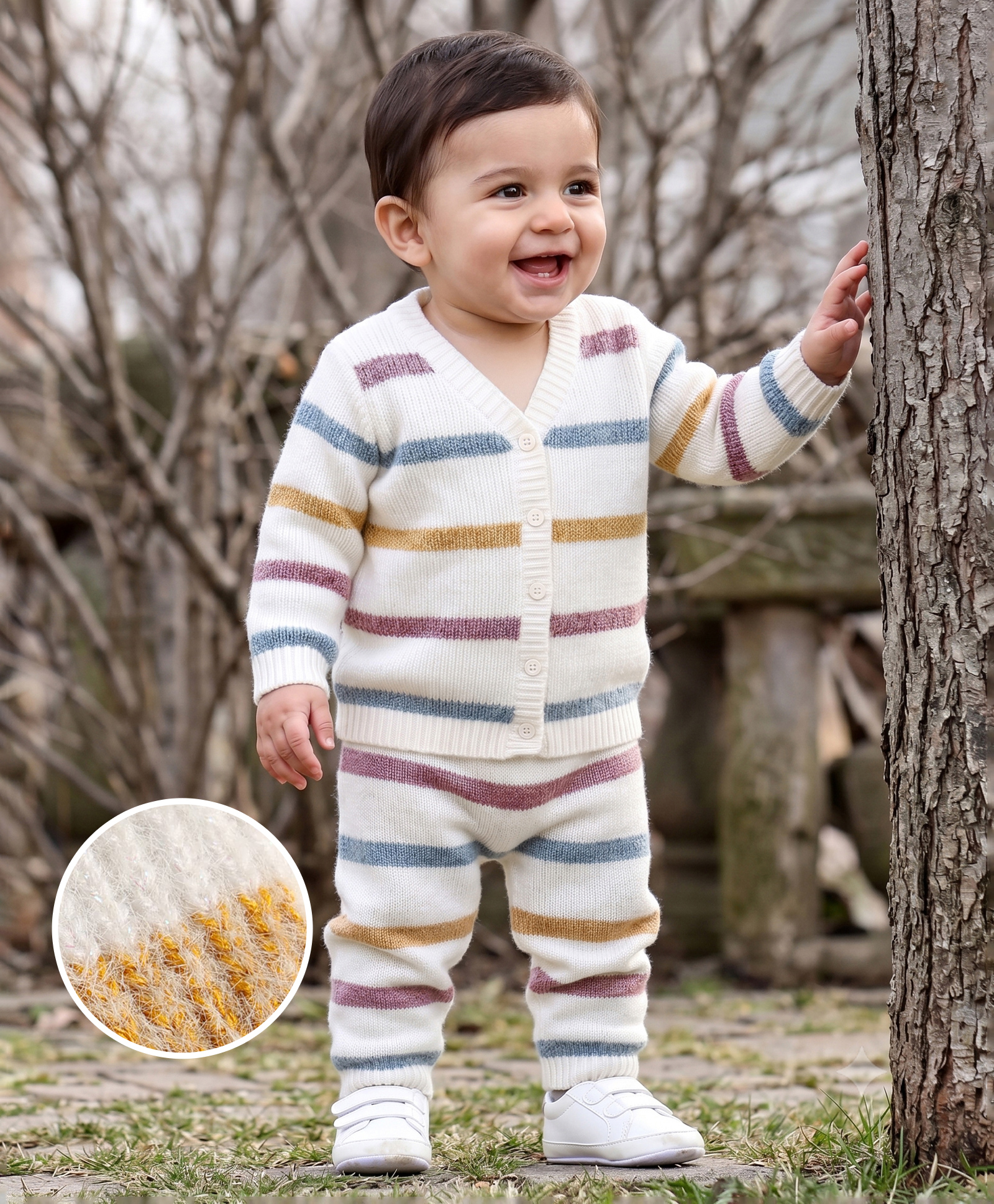 Babyhug Knitted Full Sleeves Striped Co-Ord Sweater Set - White-image-35