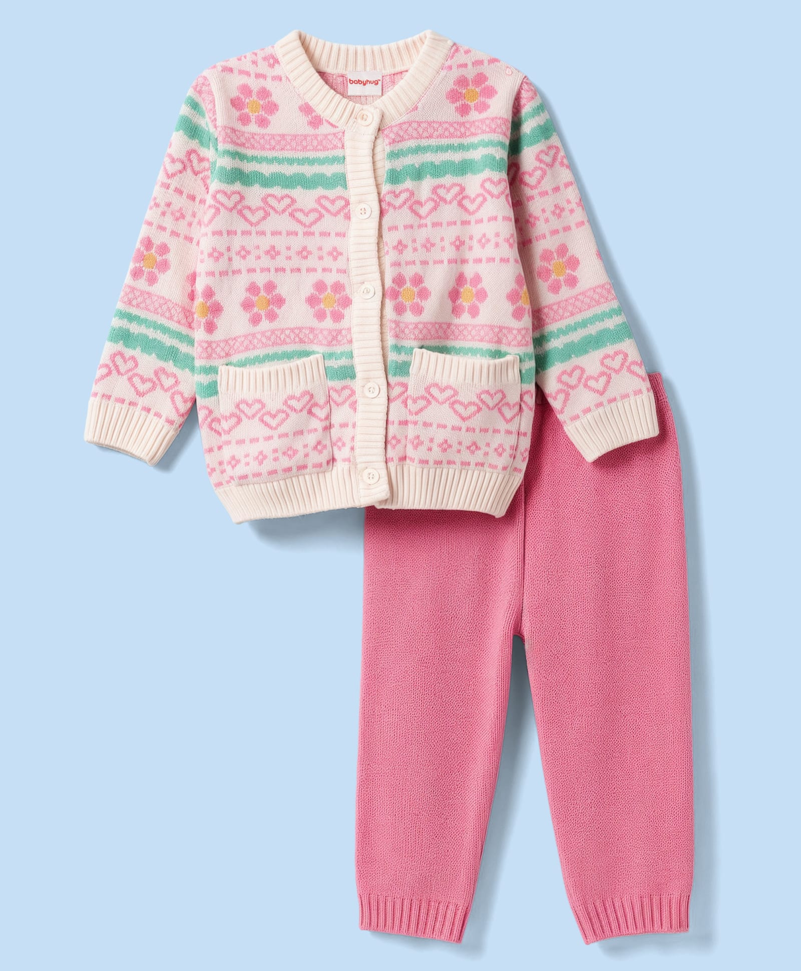 Babyhug Knit Full Sleeves Sweater Set With Floral & Hearts Design - White & Pink-image-43
