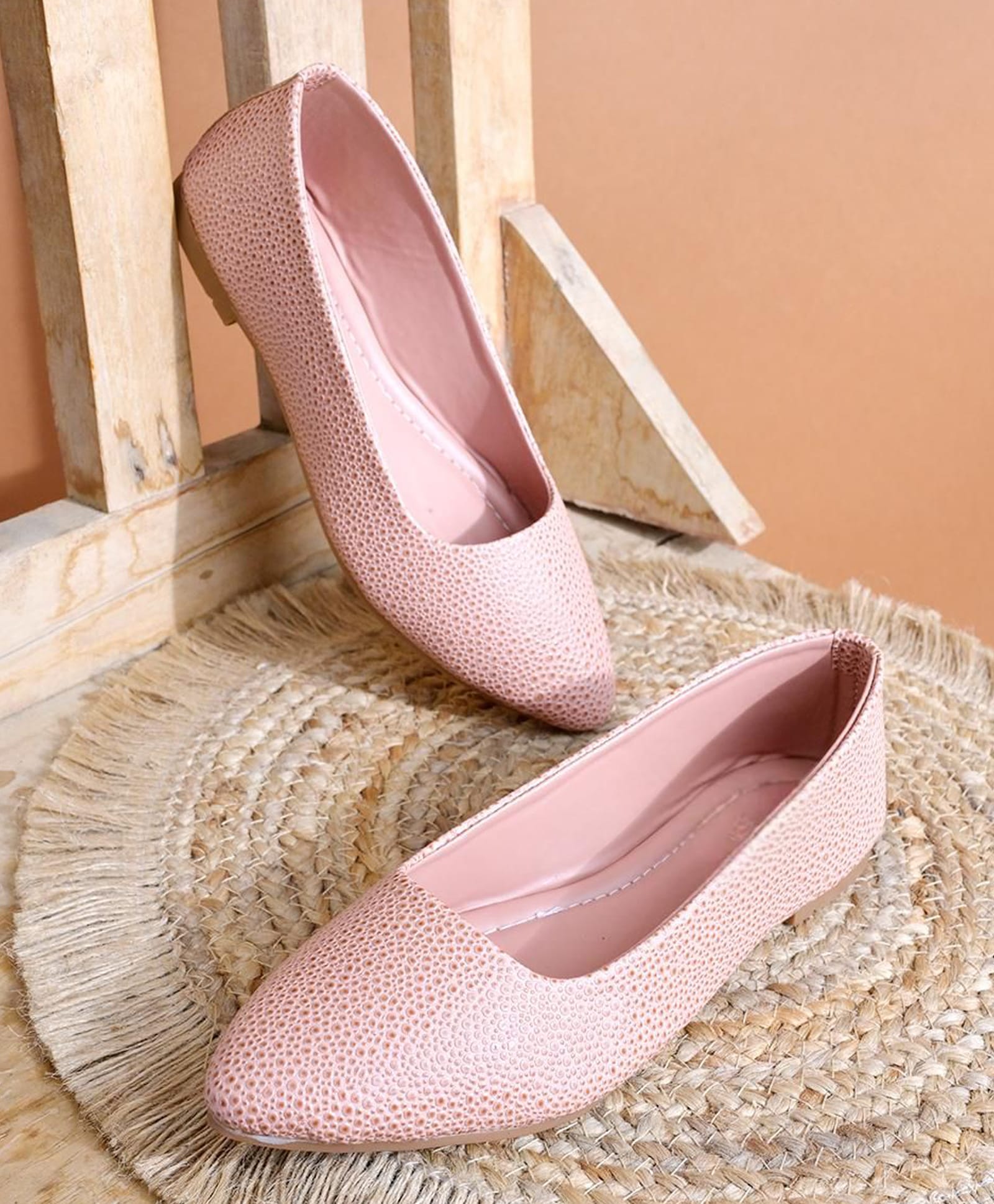 NZS Textured Slip On Pointed Toe Ballerinas - Peach-image-30