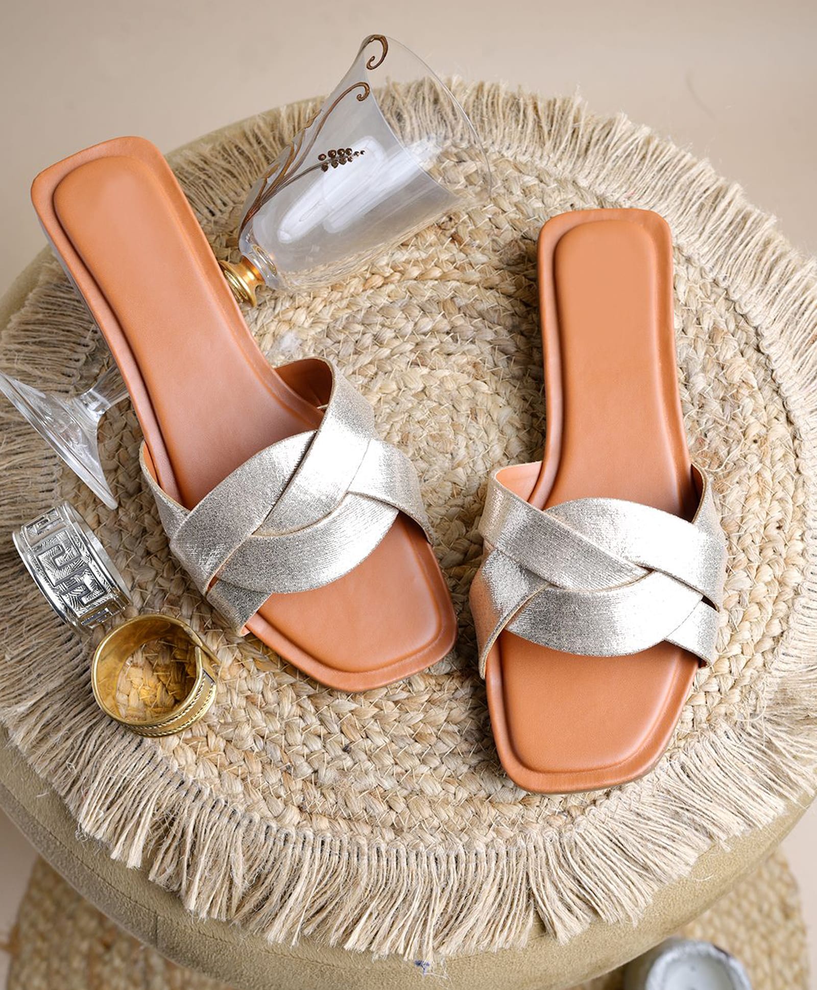 NZS Metallic Cross Strap Detailed Sandals - Golden-picture-27