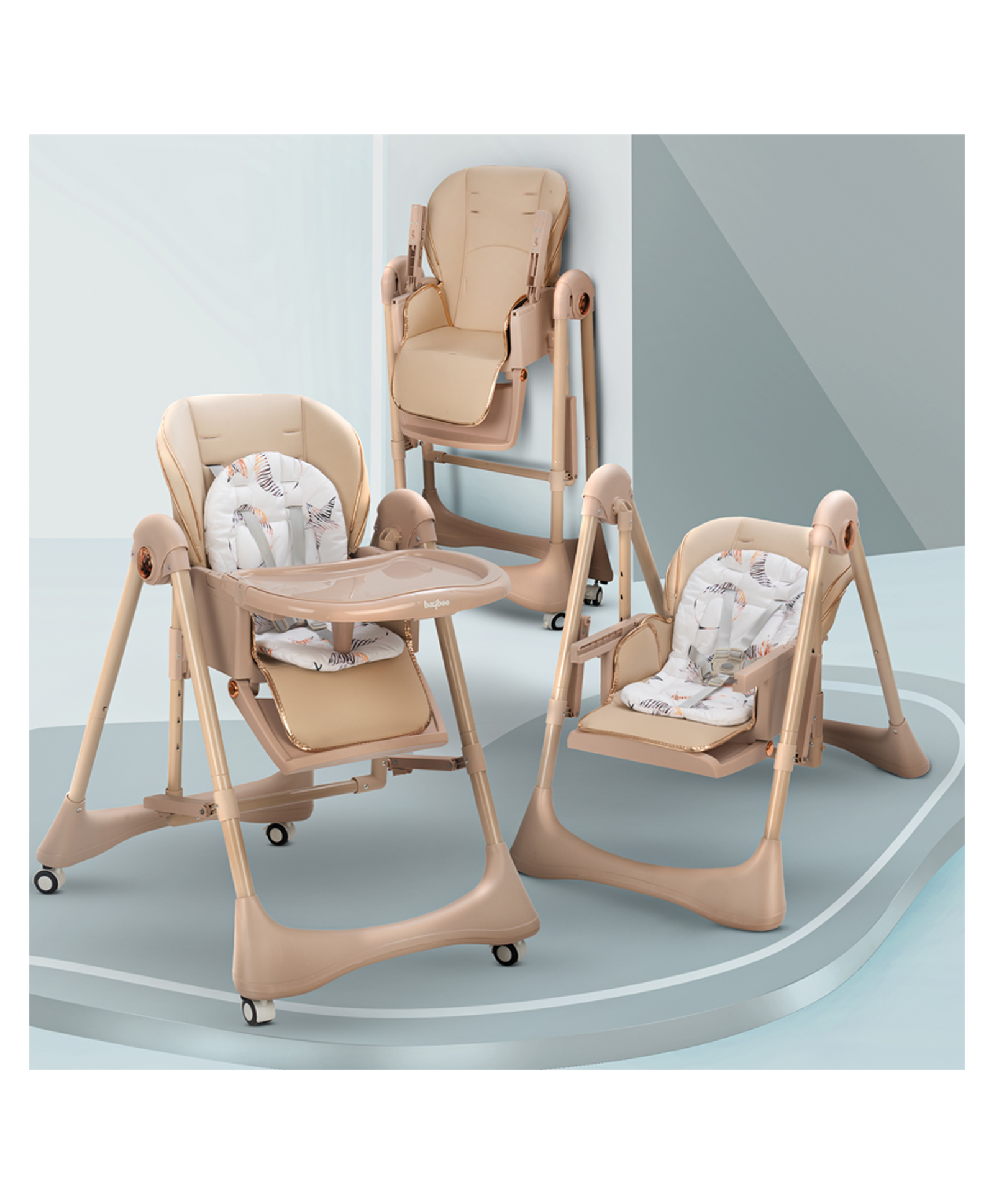 Baybee Nivio Convertible 3-in-1 Baby High Chair for Kids, Baby Swing Chair with 5 Height Adjustable, Footrest, Tray, 160° Recline, Safety Belt & Wheels Baby Feeding Chairs - Beige-image-20