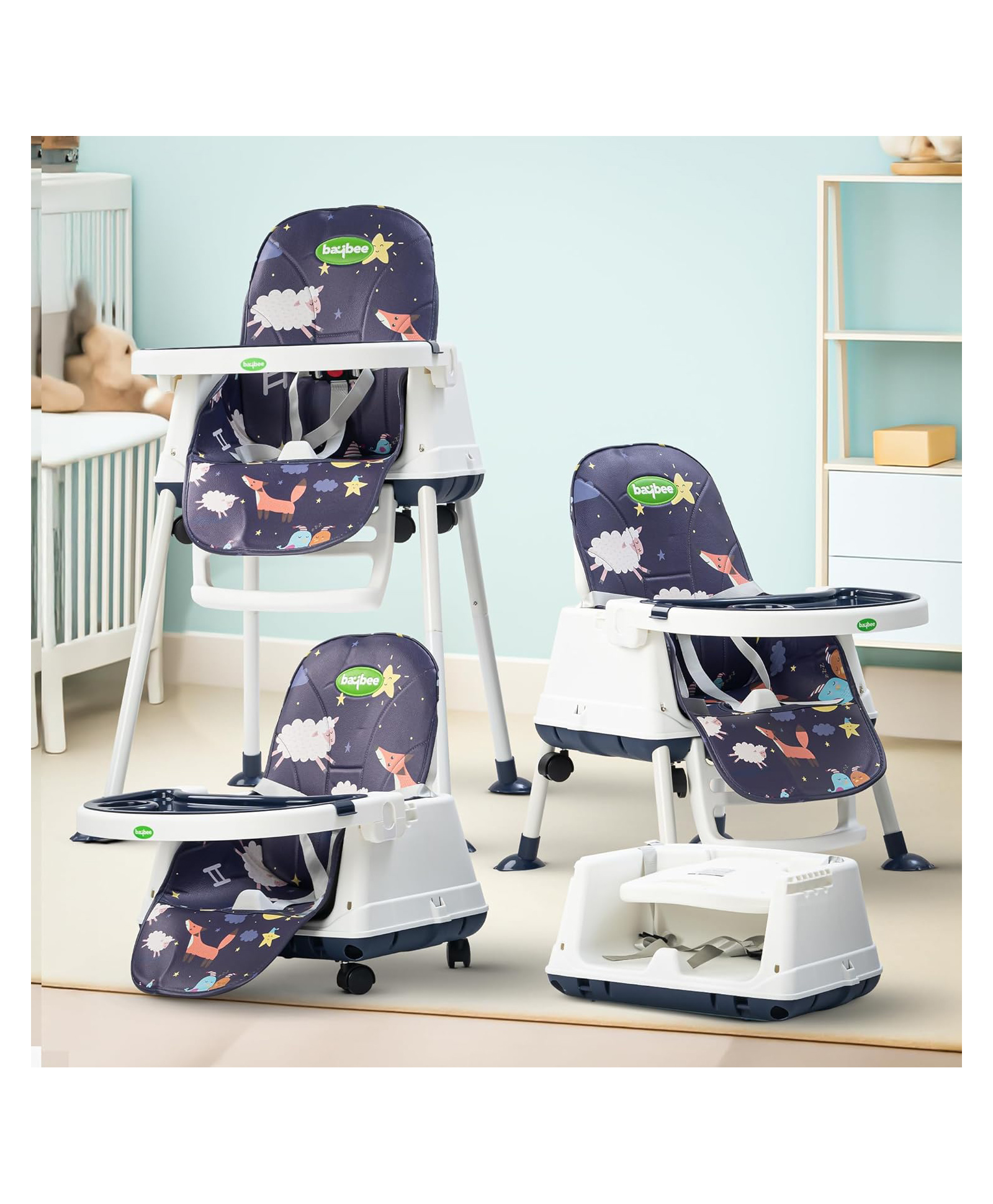 BAYBEE 4 in 1 Convertible High Chair for Kids Foldable Baby Feeding Chair with 3-Point Safety Harness, Adjustable Tray, Booster Seat Easy to Clean, Portable Dining Chair - Navy Blue-image-3
