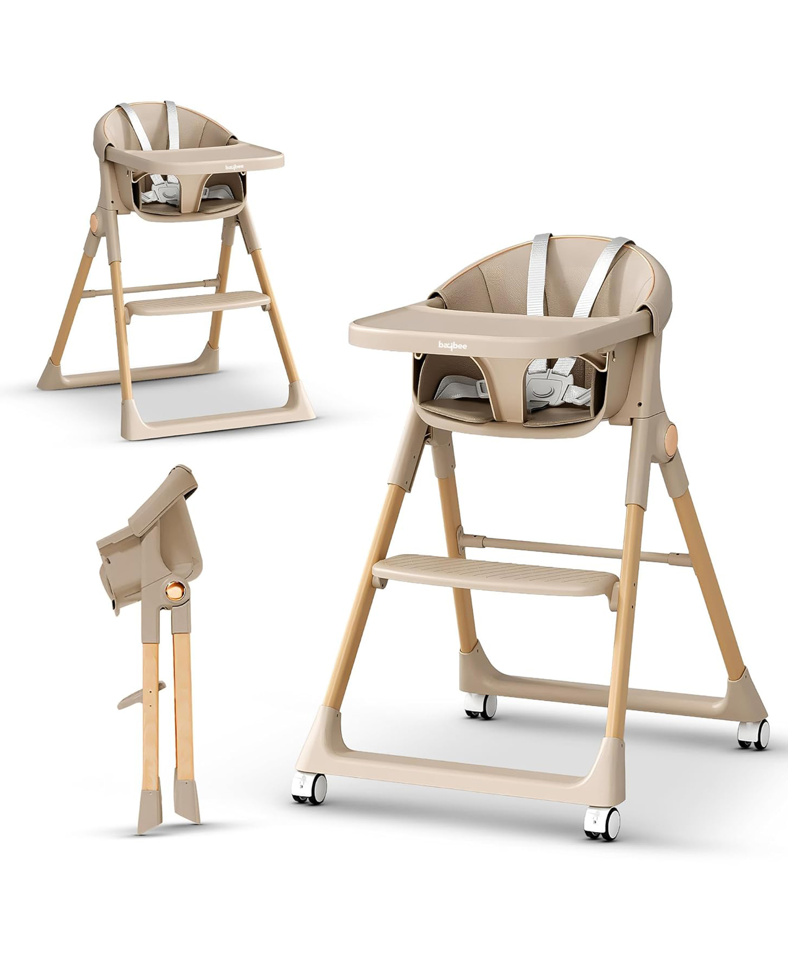 BAYBEE 3-in-1 Convertible High Chair for Kids, Babies & Toddlers Foldable Baby Feeding Chair with 5-Point Safety Harness, Adjustable & Removable Tray, Easy-to-Clean Portable Dining Chair - Beige-image-44