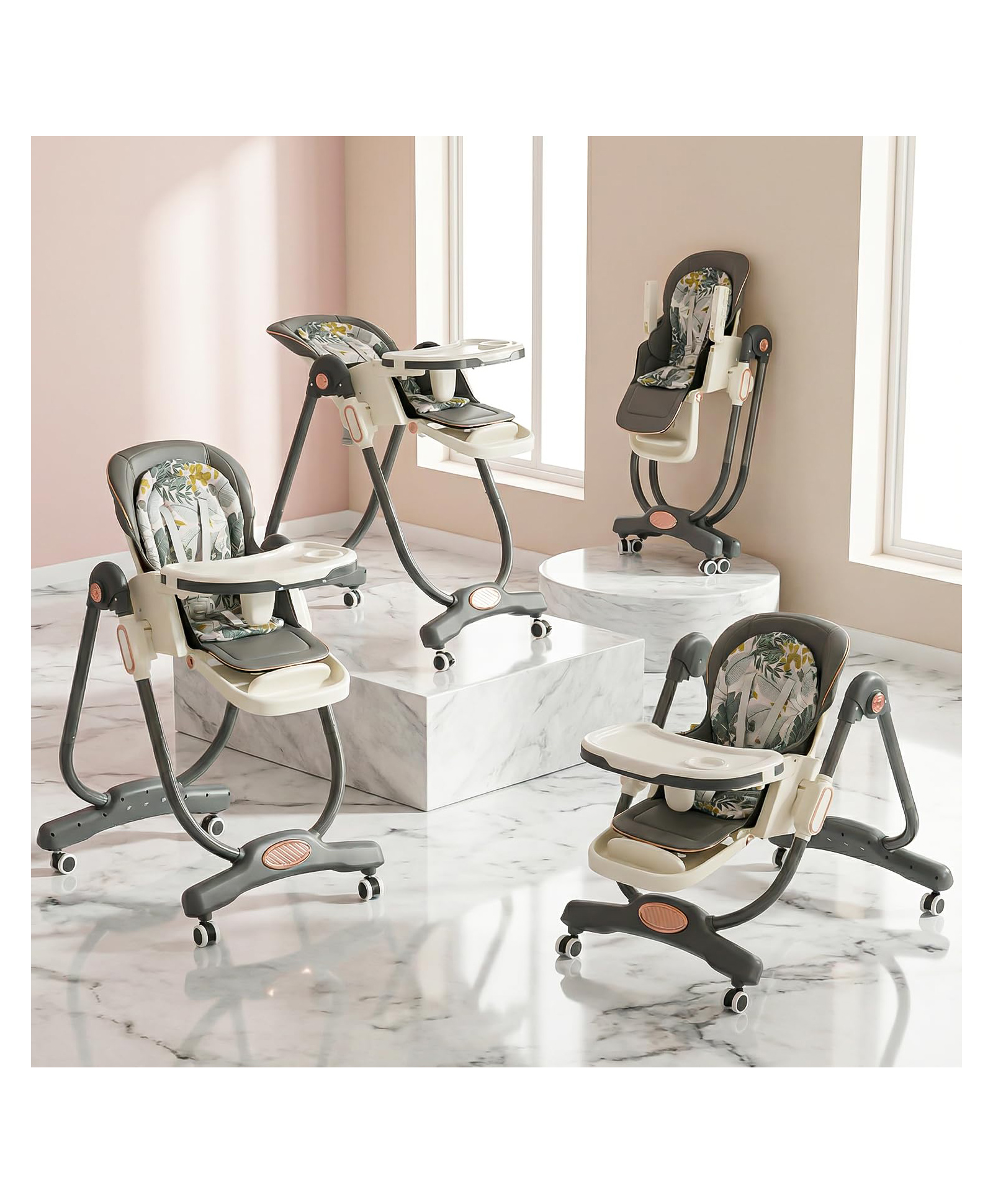 BAYBEE Tropihigh 3-in-1 High Chair with Adjustable Height, Dining & Lounge Modes, Multi-Gear Backrest, One-Click Folding, Food & Toys Tray, 5-Point Harness & 360° Castor Wheels - Dark Grey-image-48