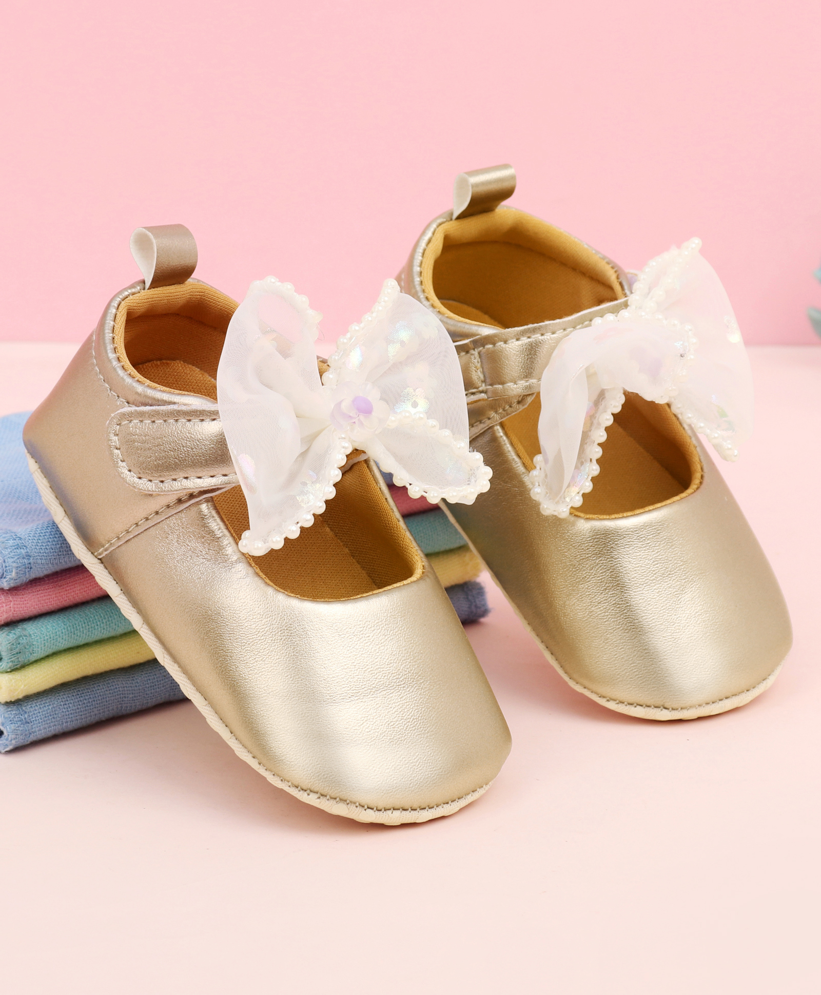 Babyoye Velcro Closure Booties with Bow Applique - Golden-image-5