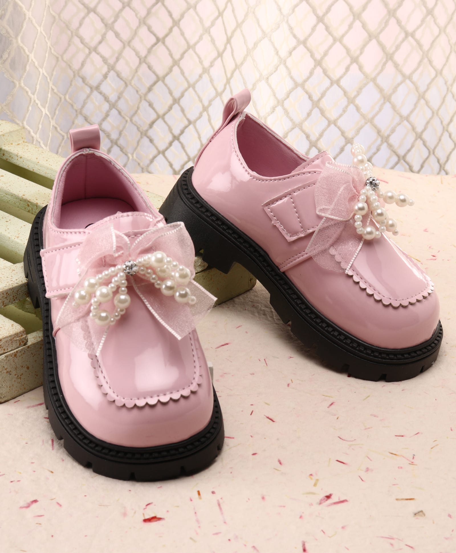 Babyoye Velcro Closure Party Wear Shoes With Bow Applique & Pearl Embellishment - Pink-image-21