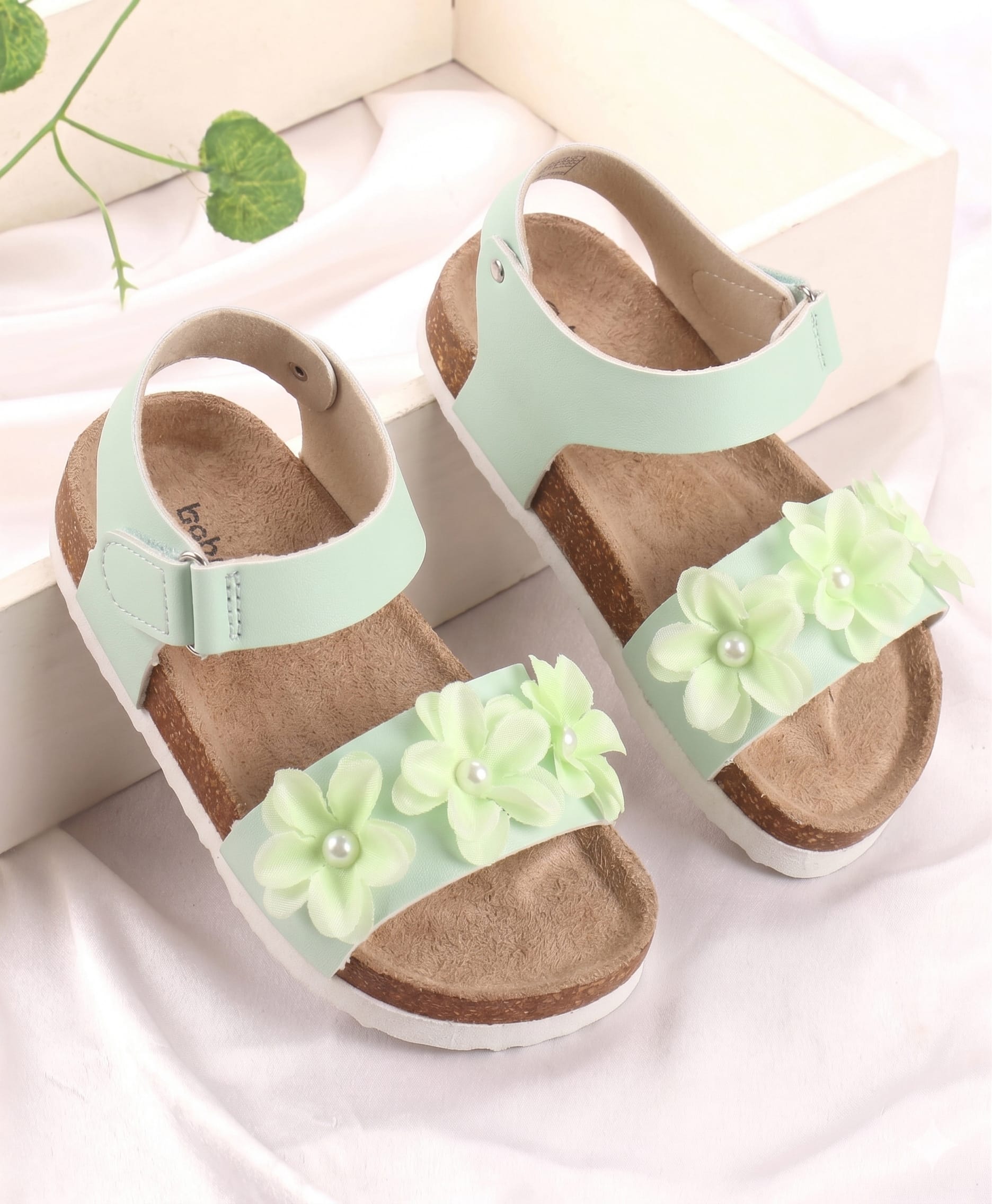 Babyoye Velcro Closure Sandals with Floral Applique - Mint-picture-24