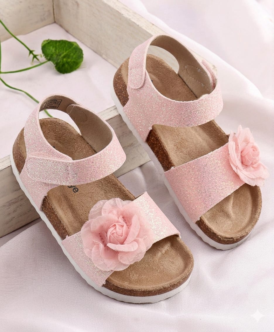 Babyoye Velcro Closure Sandal With Floral Applique & Glitter - Pink-picture-21