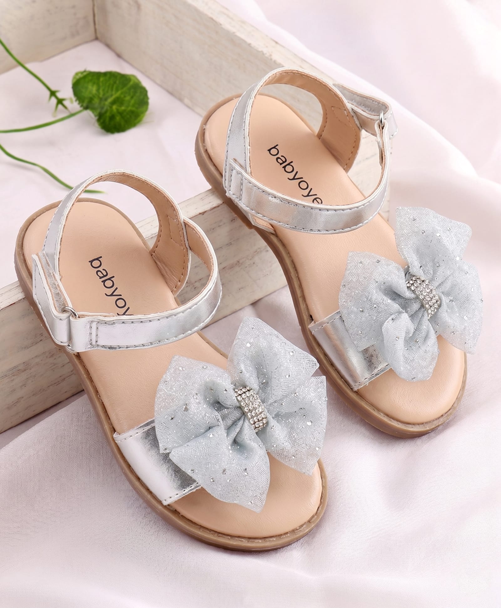 Babyoye Velcro Closure Sandal With Bow Applique - Silver-picture-14