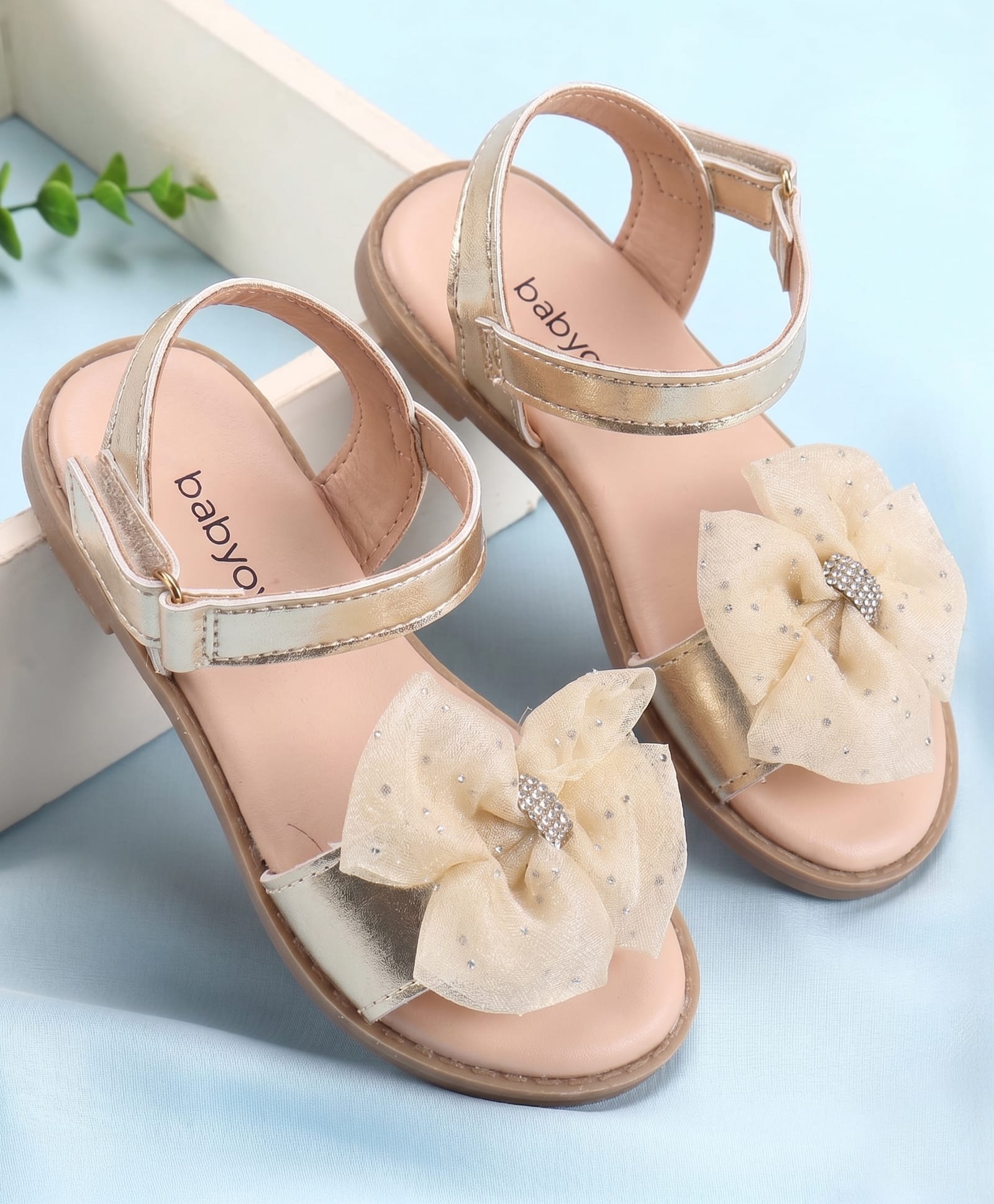 Babyoye Velcro Closure Sandal With Bow Applique - Golden-picture-22