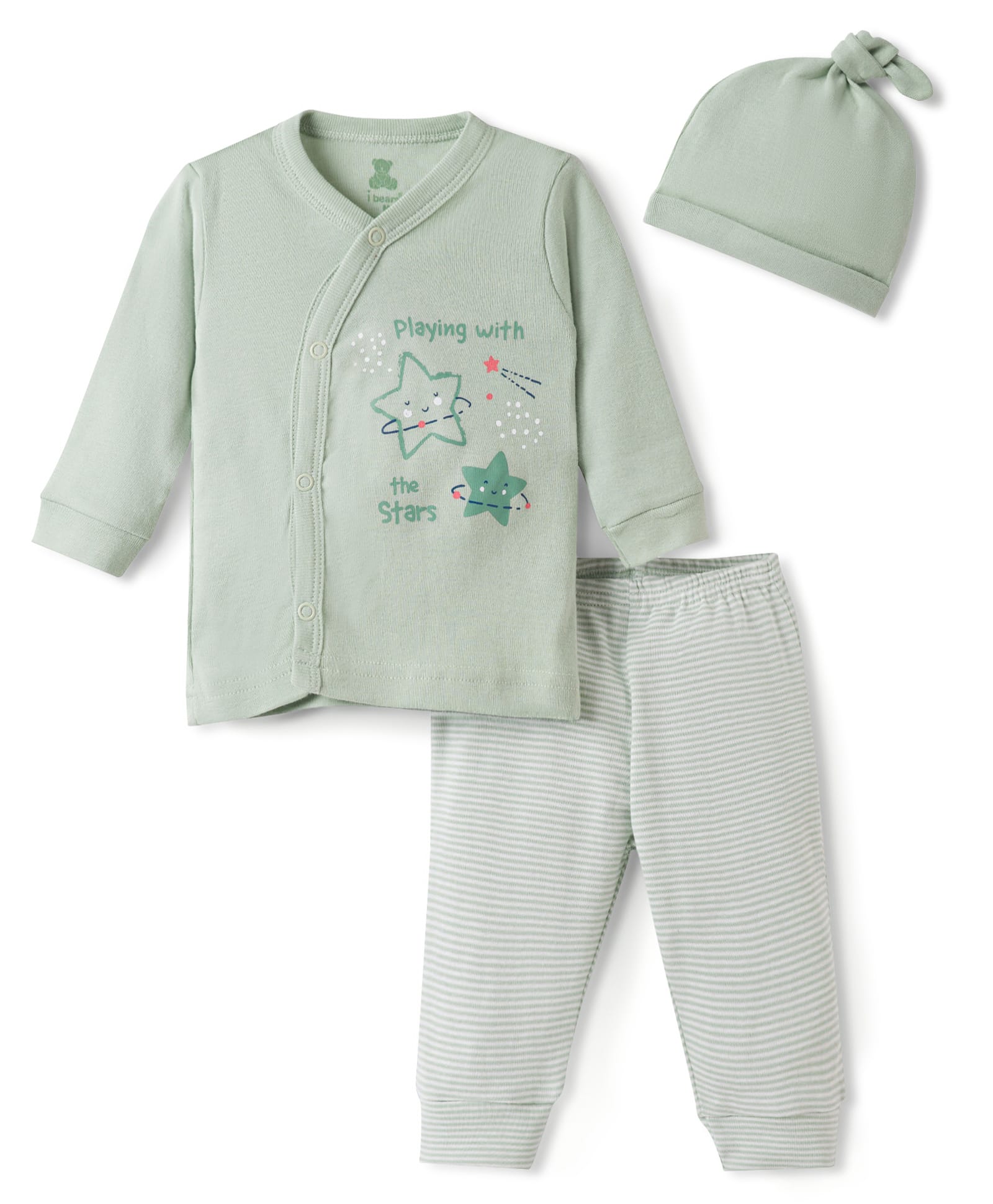 I Bears Knitted Full Sleeves T-Shirt & Striped Pyjama Night Suit With Cap & Star Print - Light Green-image-15