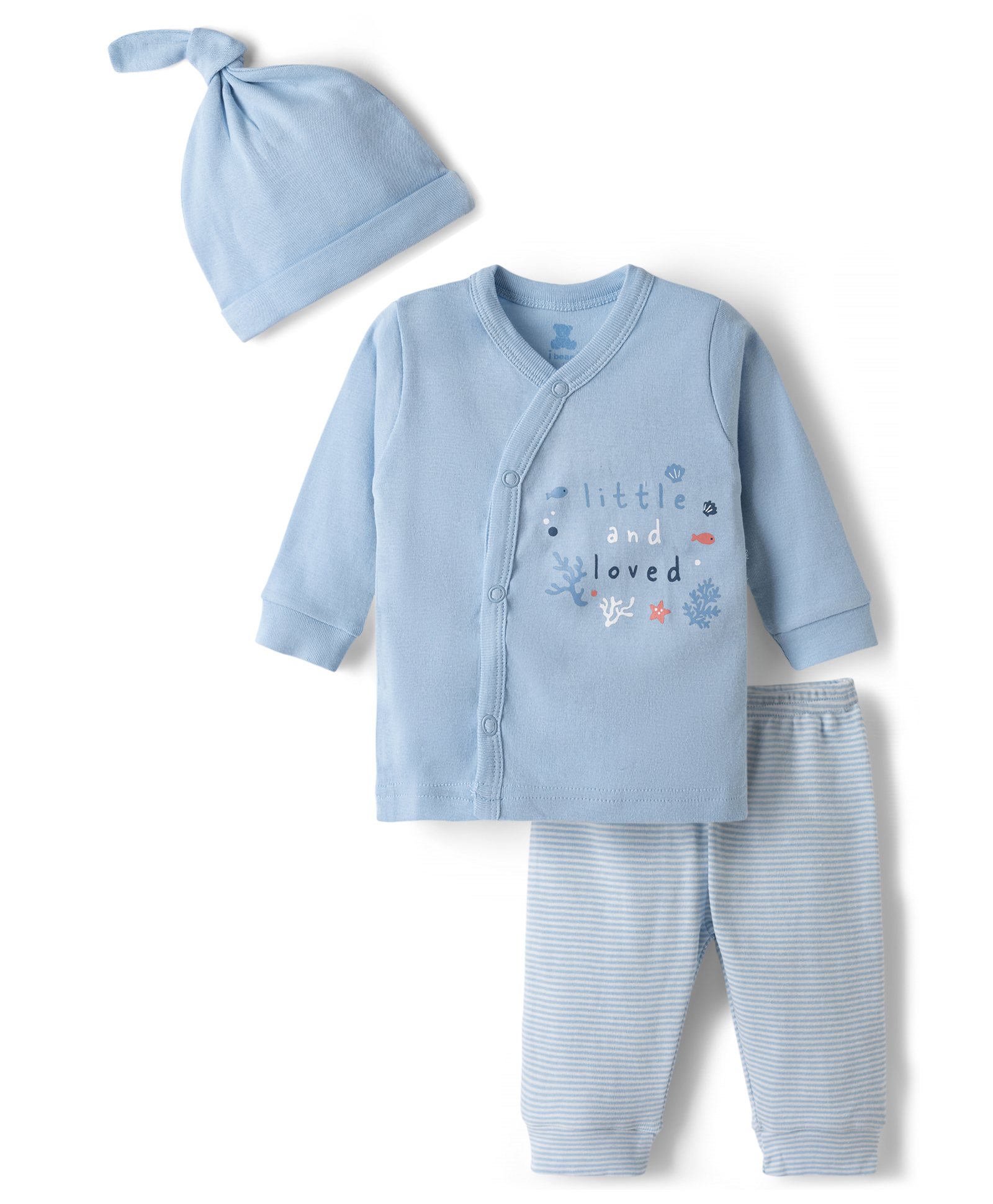 I Bears Knitted Full Sleeves T-Shirt With Striped Pyjama Night Suit With Cap & Sea Life Print - Light Blue-image-6
