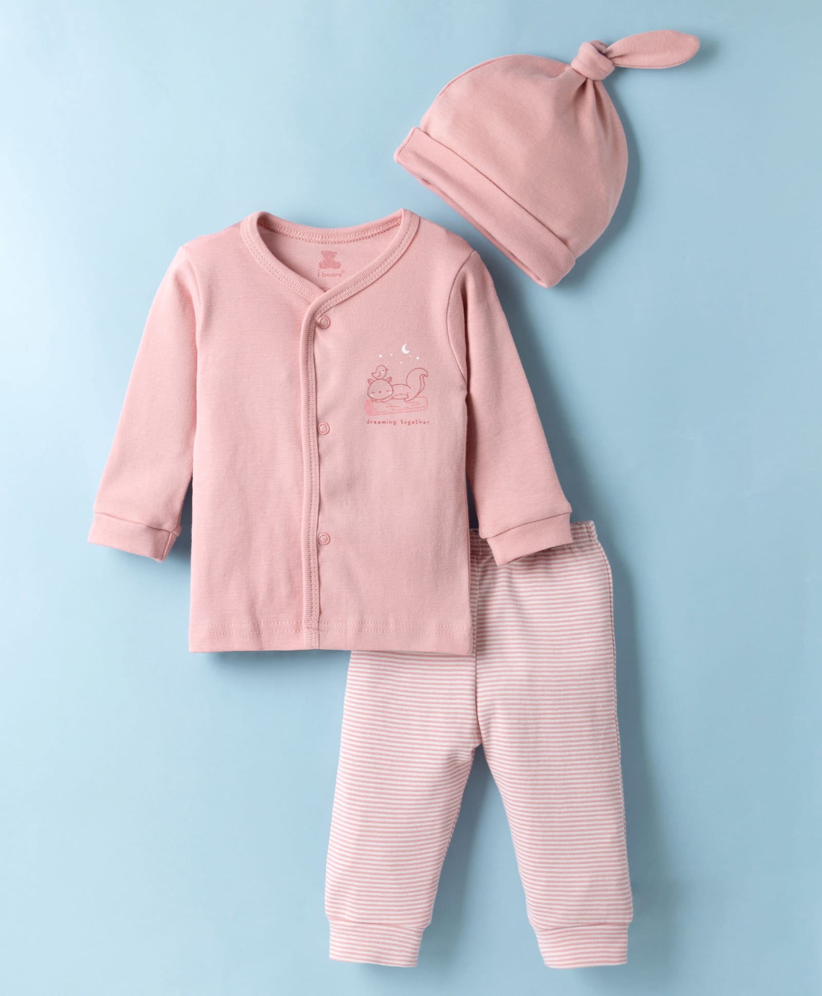 I Bears Knitted Full Sleeves T-Shirt & Striped Pyjama With Cap & Squirrel Print - Light Pink-image-46