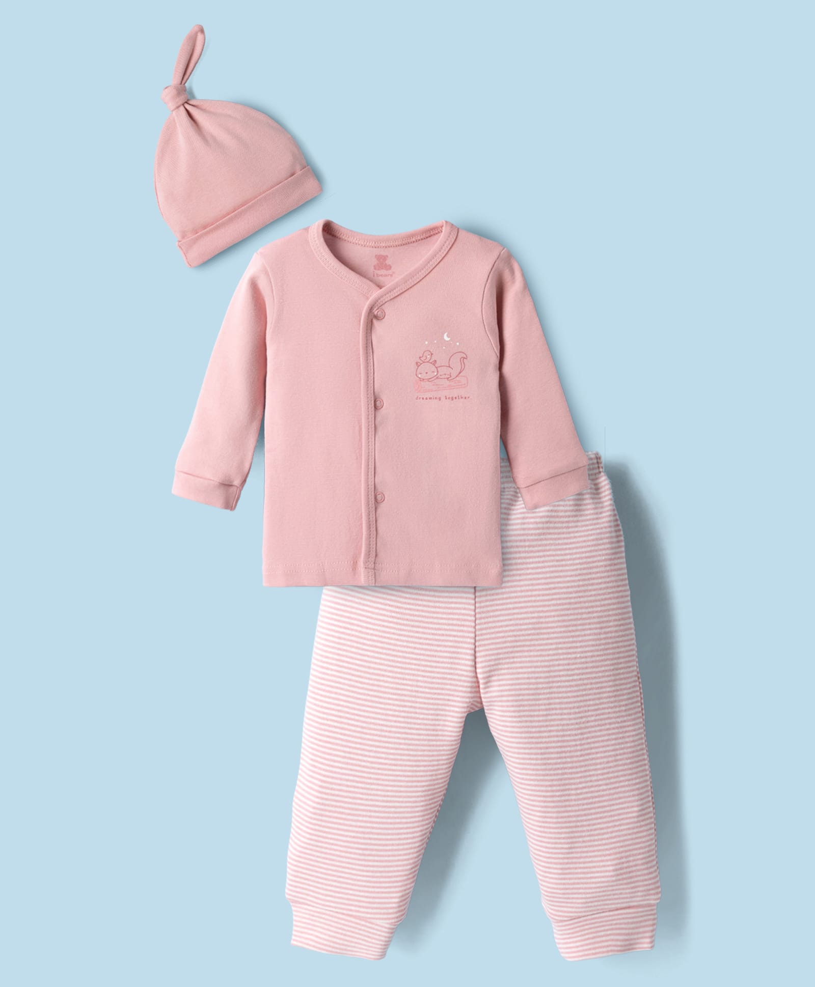 I Bears Knitted Full Sleeves T-Shirt & Striped Pyjama With Cap & Squirrel Print - Light Pink-image-23