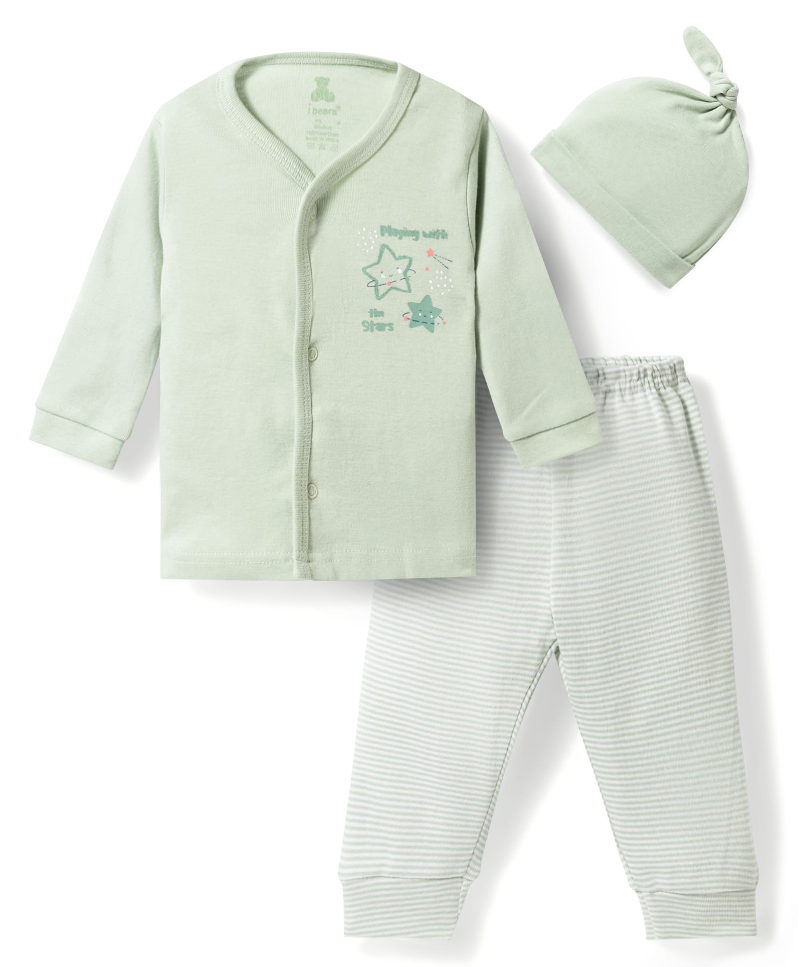 I Bears Knitted Full Sleeves T-Shirt & Striped Pyjama Night Suit With Cap & Star Print - Light Green-image-14