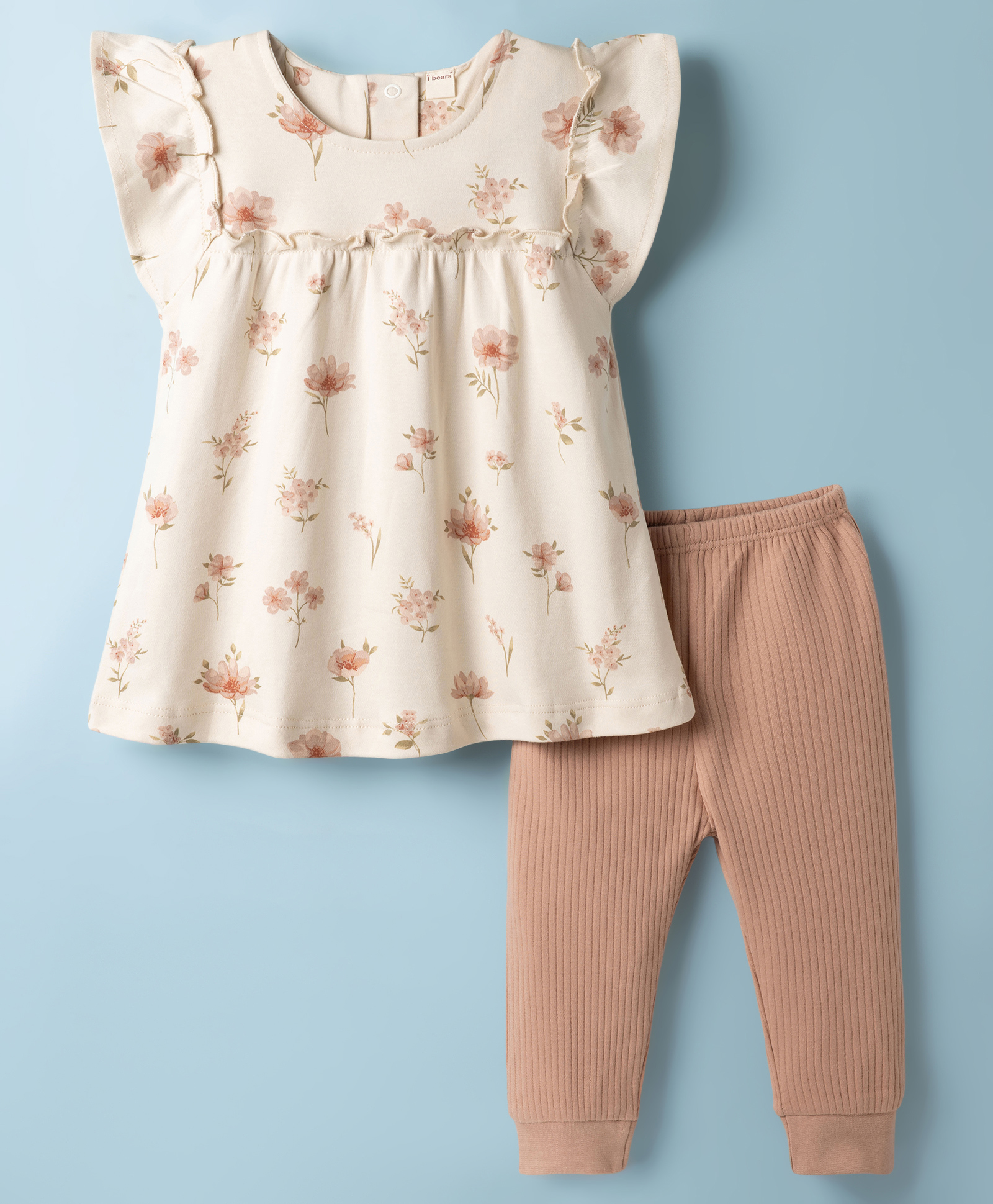 I Bears Knit Half Sleeves T-Shirt & Joggers Set with Floral Print - Ivory & Rose-image-38