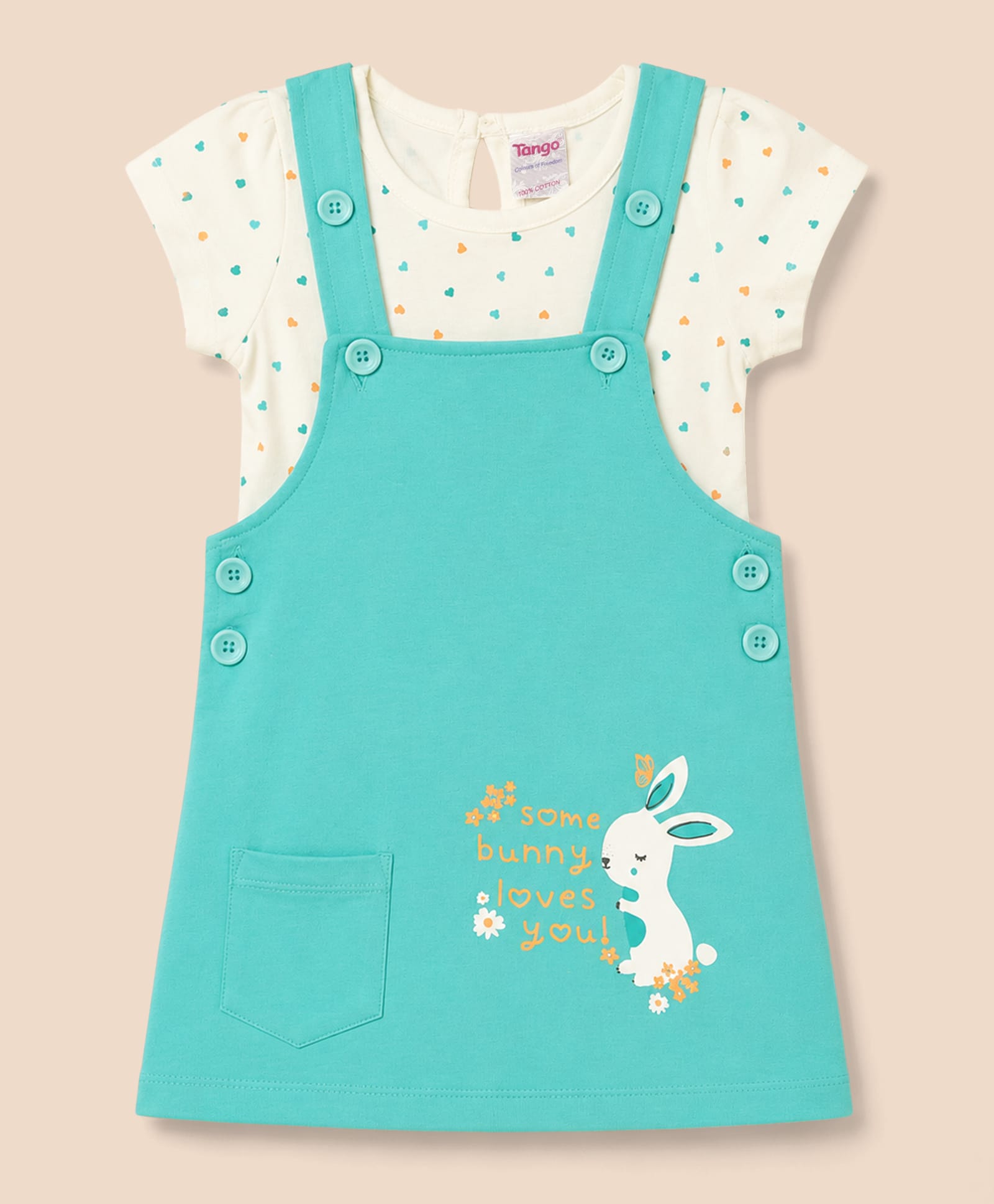 Tango Interlock Knit Half Sleeves Hearts & Bunny Printed Frock With Inner Tee - Sea Green-picture-15