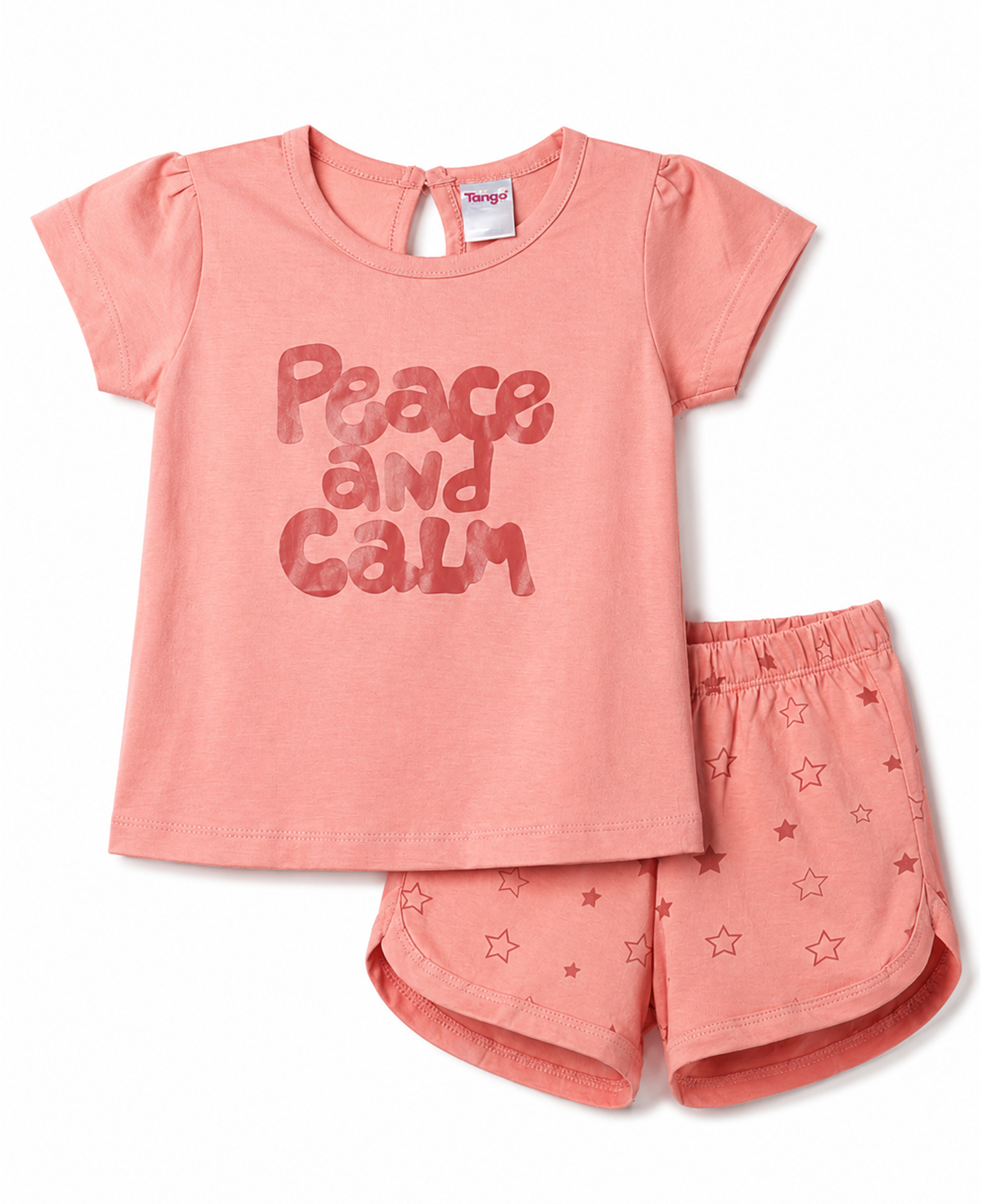 Tango Interlock Knit Half Sleeves Top & Shorts Set With Star & Text Print - Pink-image-39