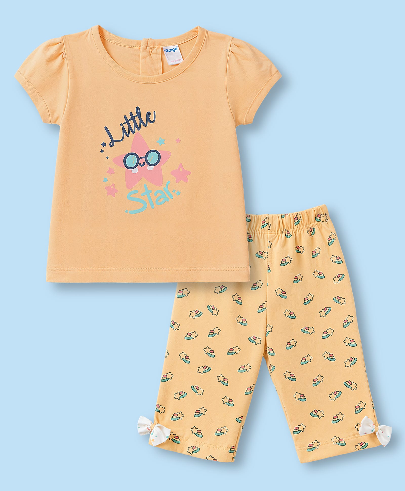 Tango Single Jersey Knit Half Sleeves Star Printed T-Shirt & Capri Set - Golden-image-35