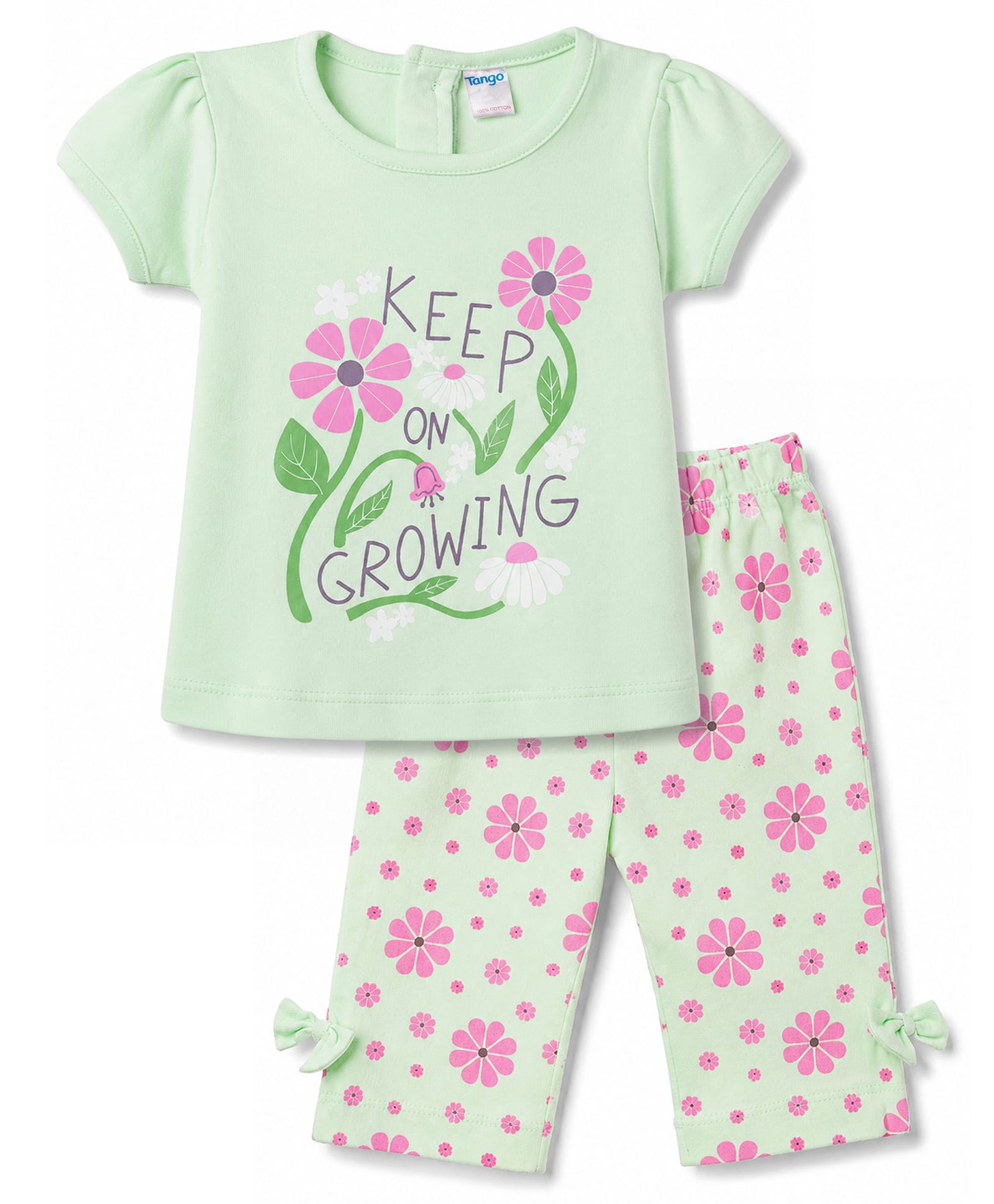 Tango Single Jersey Knit Half Sleeves Top & Capri Set with Floral Print - Green-image-40