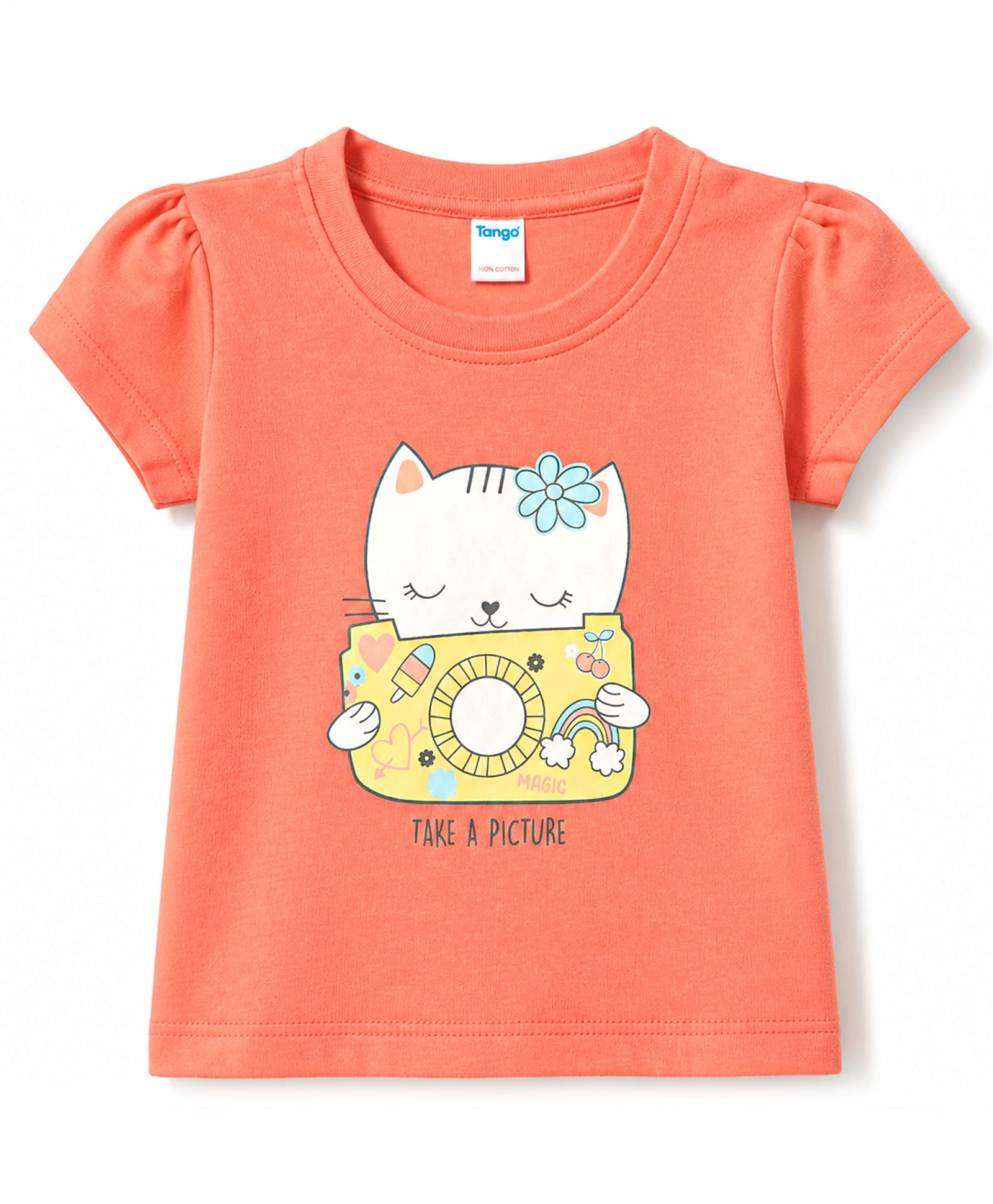 Tango Single Jersey Knit Half Sleeves Top With Kitten Print - Coral-picture-11