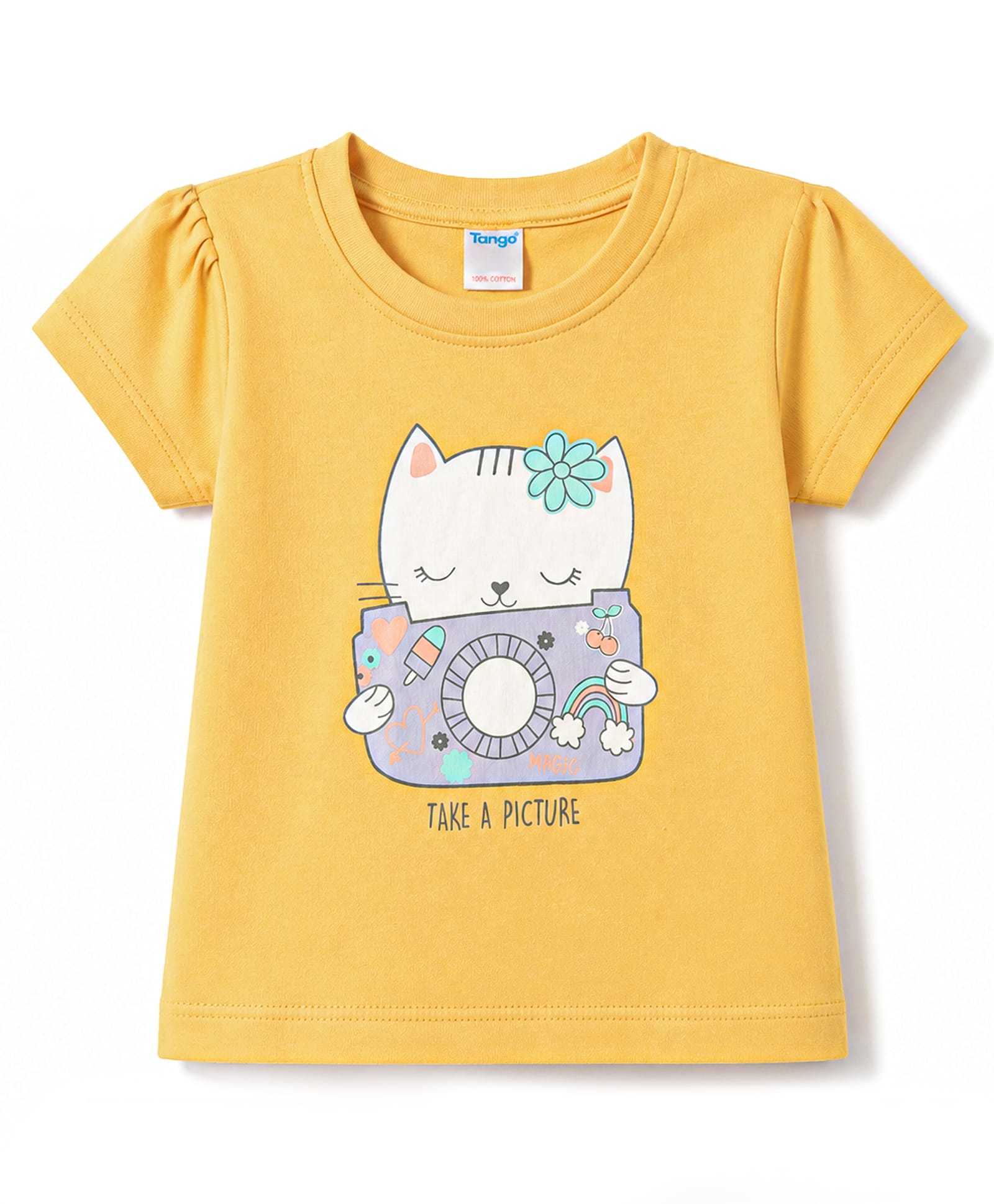 Tango Single Jersey Knit Half Sleeves Top With Kitten Print - Golden-picture-10